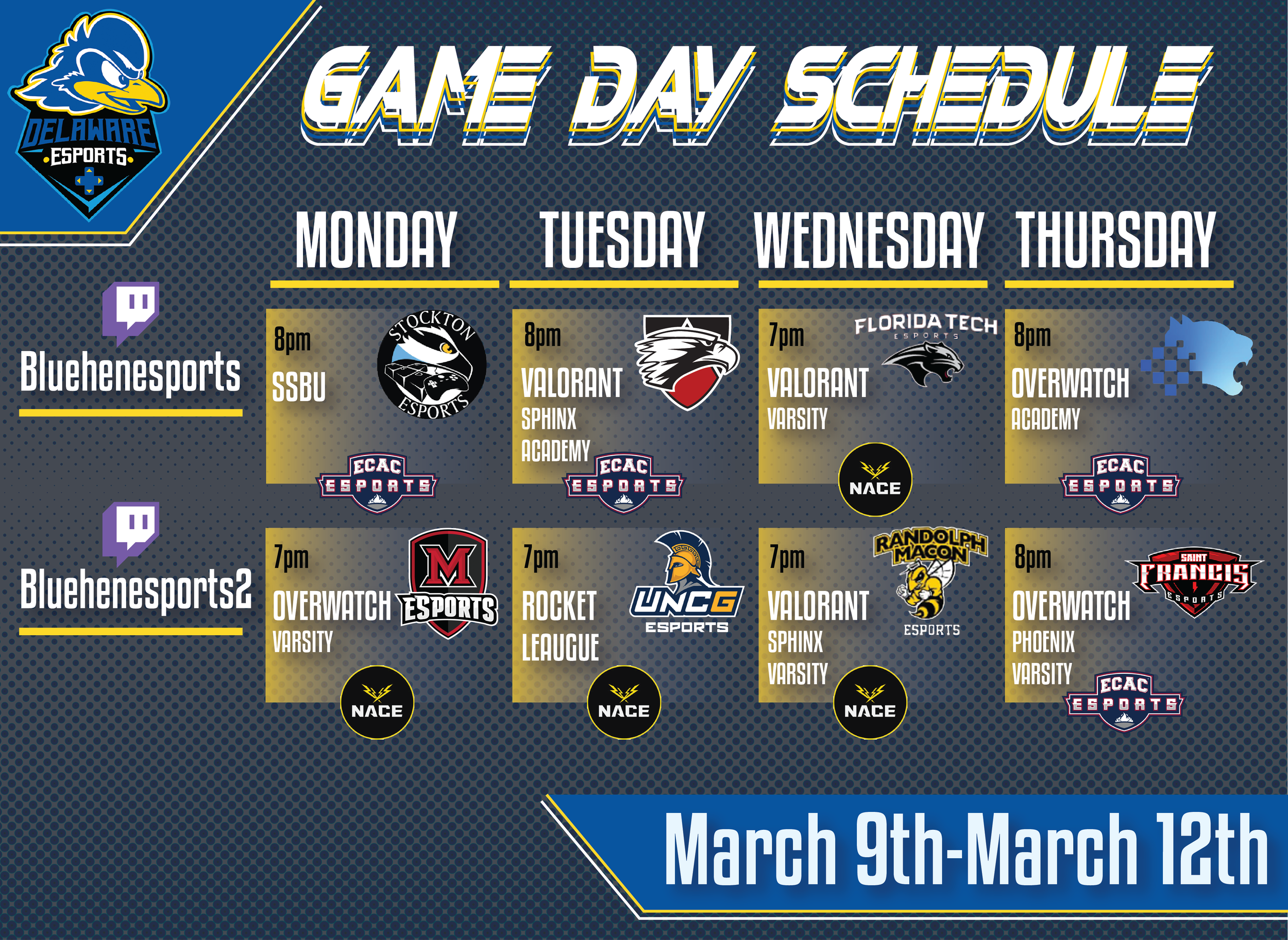 "Game Day Schedule" with Dates, Times, and School Esports Logos added Weekly 