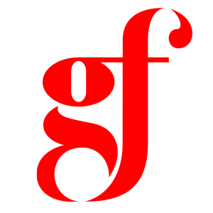 A stylized red letter 'g' intertwined with a lowercase 'f' on a black background.