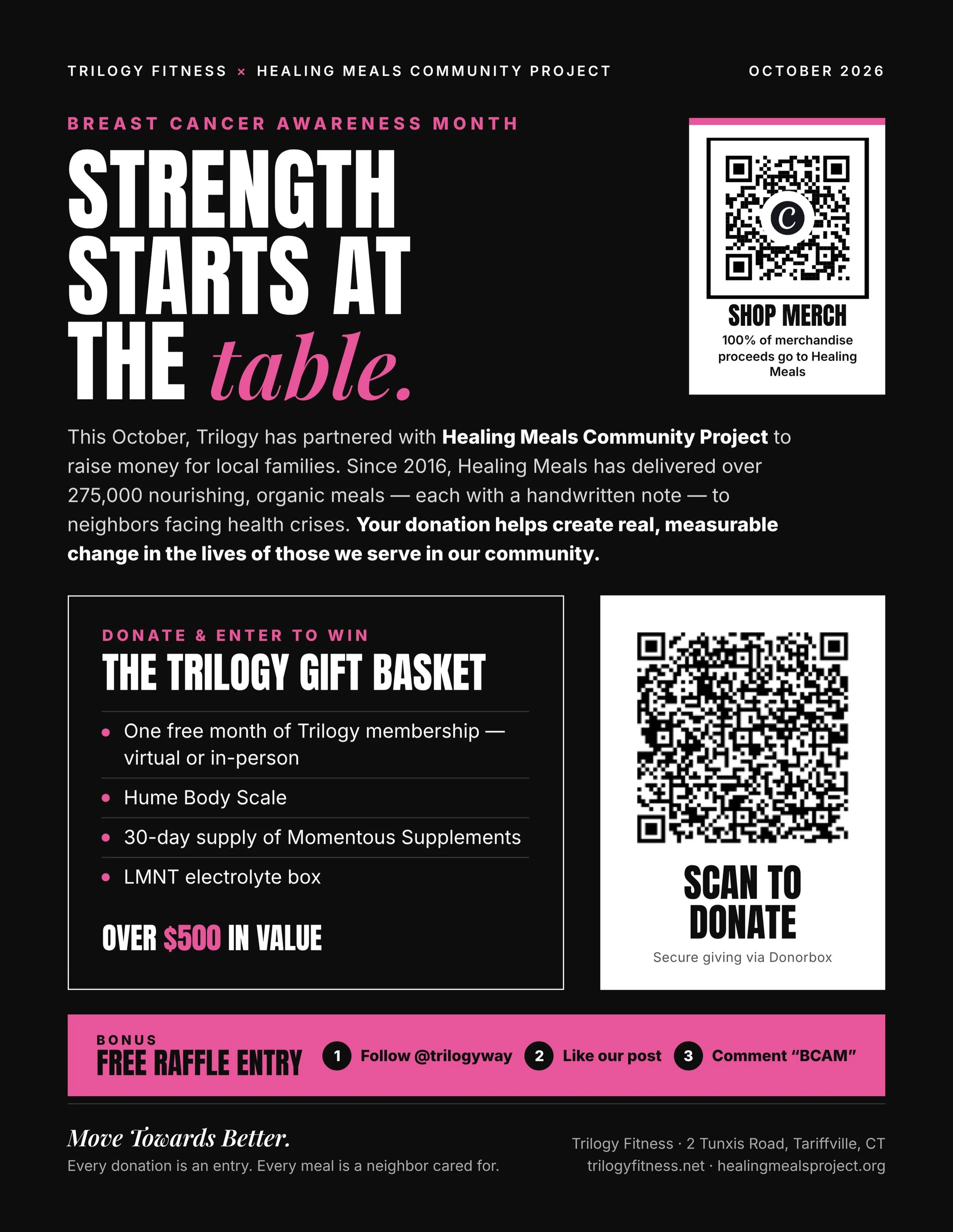 Trilogy Gift Basket Raffle is Active!! Give Us a Follow, Like, and Comment BCAM to Easily Enter for Your Chance to Win‼️💪🏻 Thank You to All Our Partners! #giveaway #trilogy #breastcancerawareness🎀 #gym