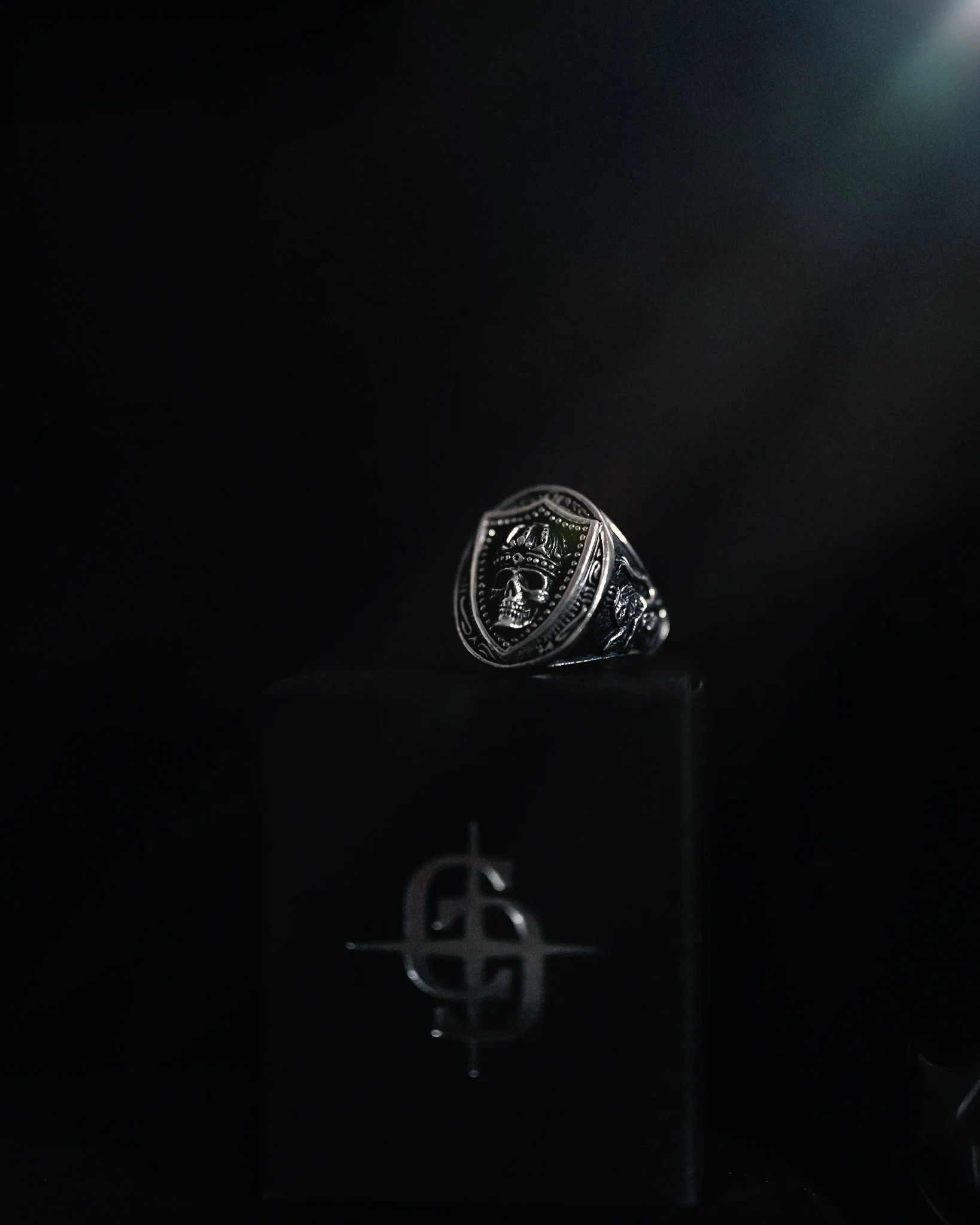 A dark scene featuring a silver ring with a skull engraving on a black background, with the ring standing upright and a faint light source illuminating it from above.
