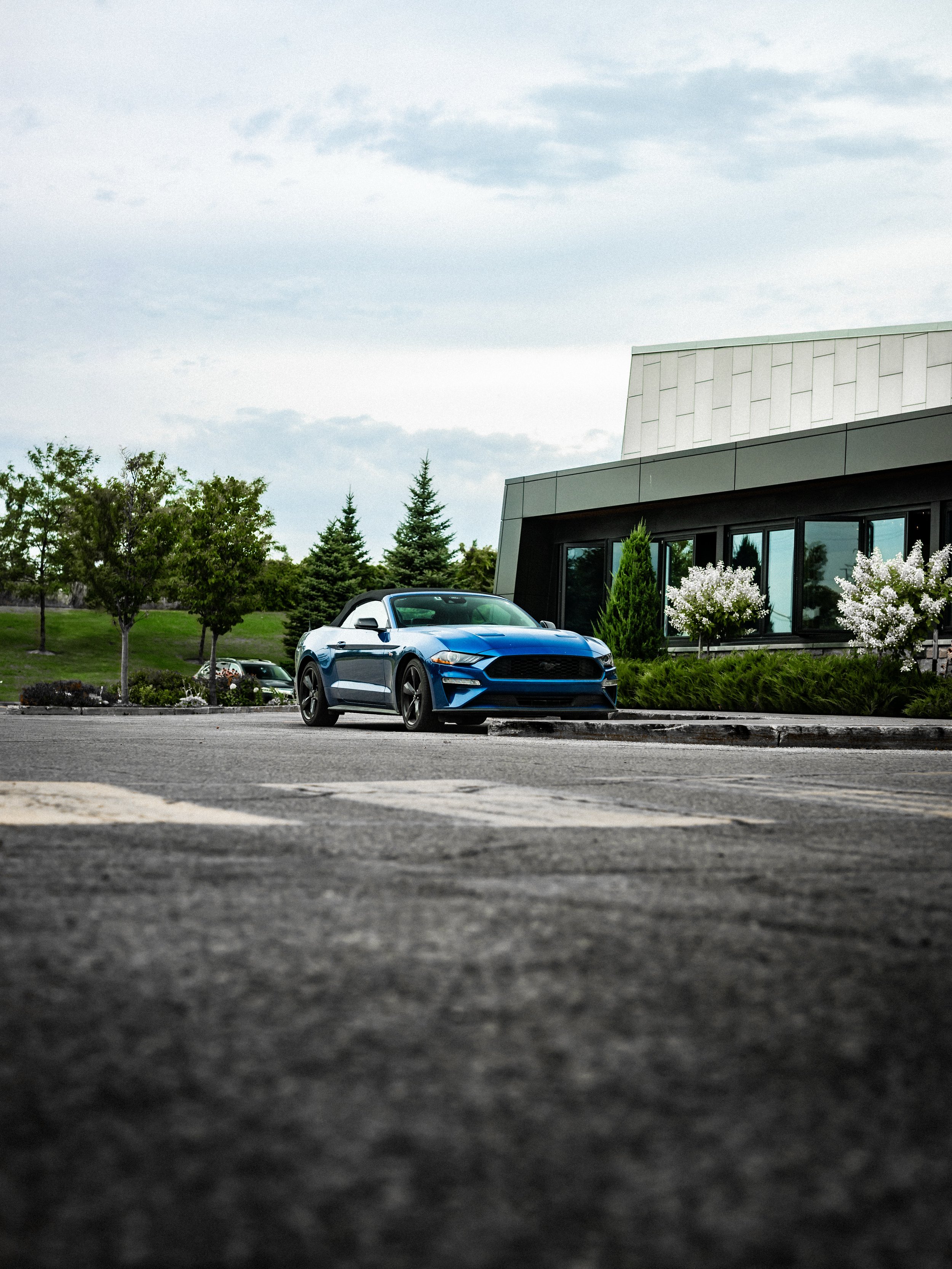 A blue and white convertible sports car parked on an asphalt surface in front of a modern building with large glass windows, surrounded by greenery and trees, under a cloudy sky.