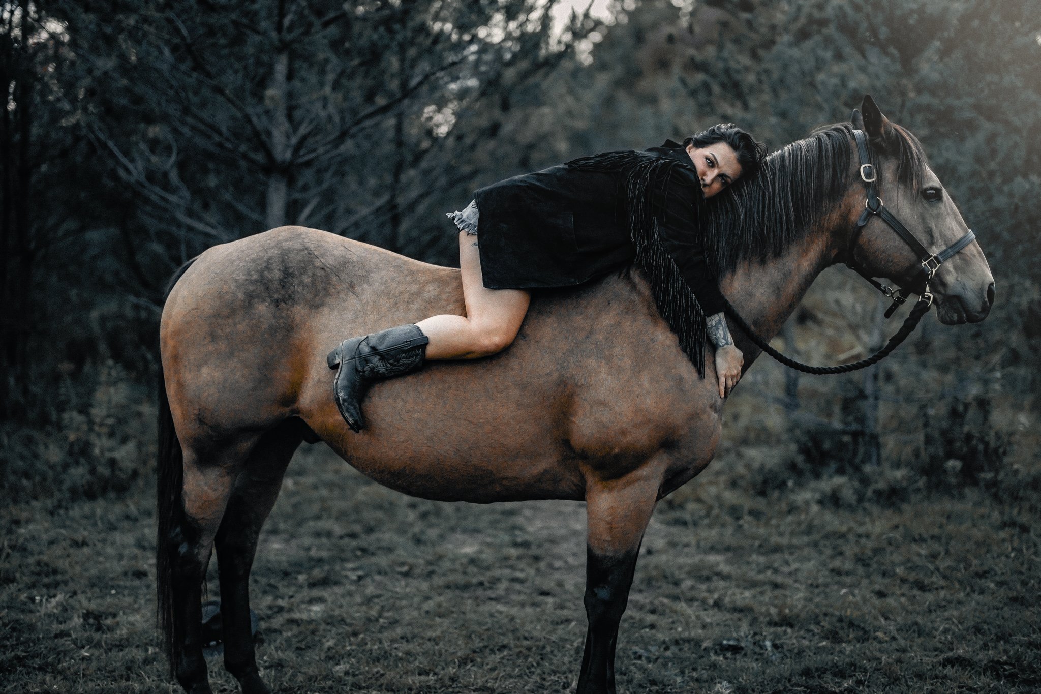 A woman with dark hair and a black jacket rides a grey horse through a wooded area with bare trees, possibly during late fall or winter.