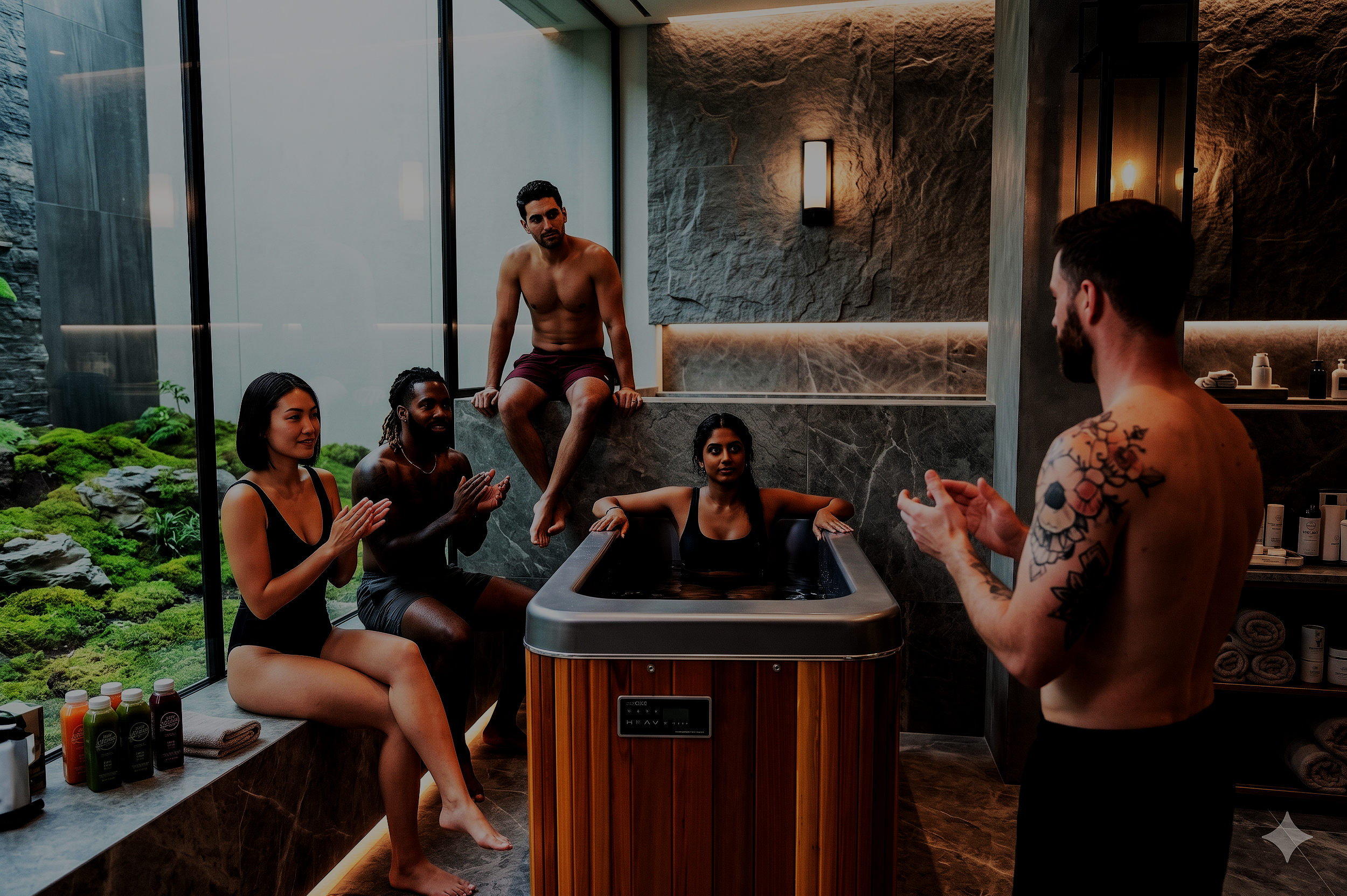 A group of five diverse young adults, three women and two men, engaged in a discussion or meditation in a modern, spa-like room with large floor-to-ceiling windows, stone walls, and serene outdoor greenery visible through the window. One man is sitting on a marble ledge shirtless, while the others are seated around a hot tub, with one man standing and gesturing.