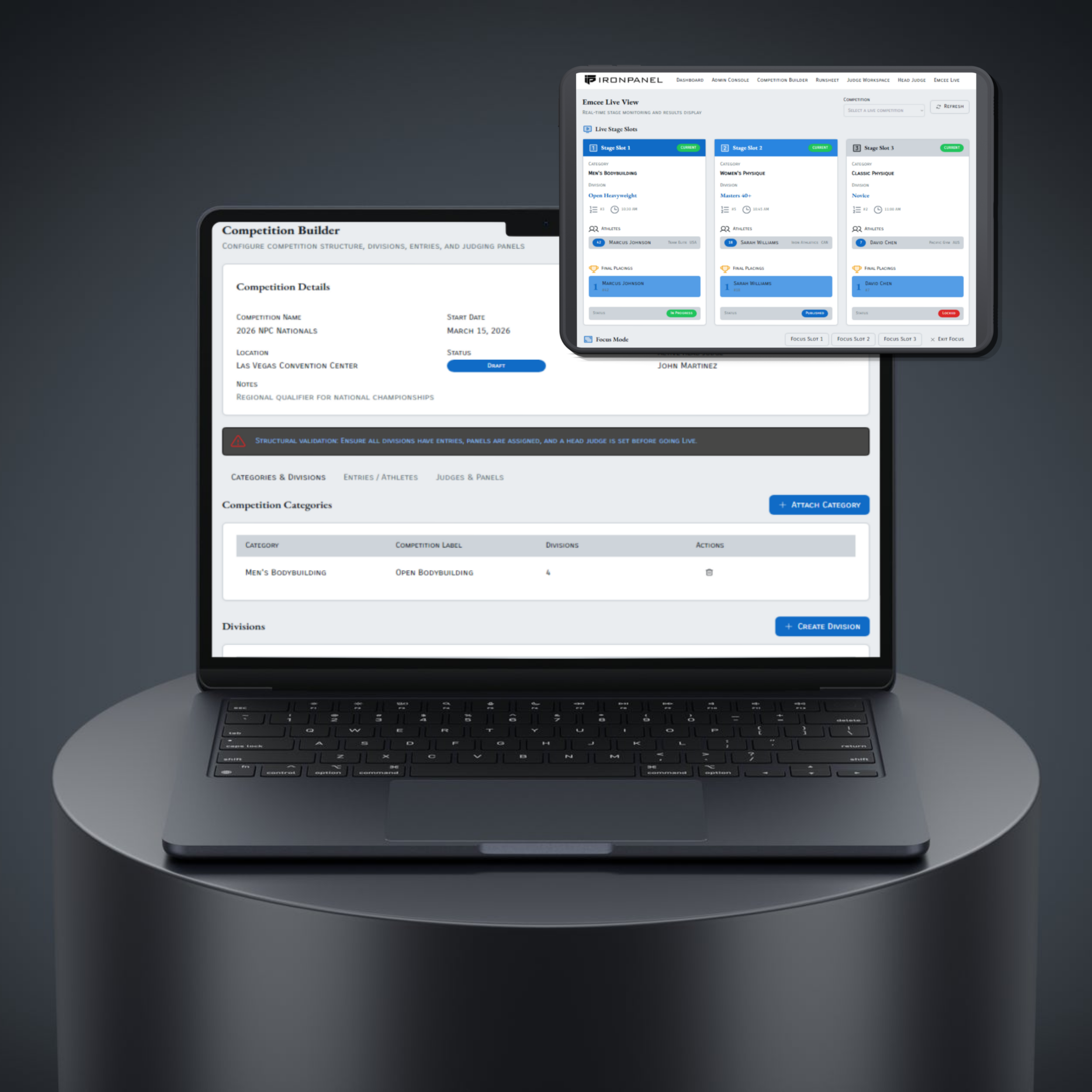 Laptop displaying competition management software with multiple screens showing competition details, categories, and athlete information.