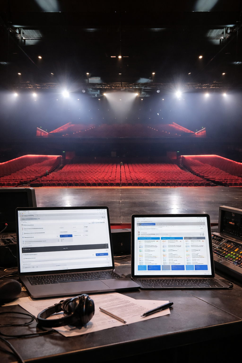 Empty theater stage with audience seats and stage lighting, viewed from a control booth with two laptops, headphones, papers, and pens.