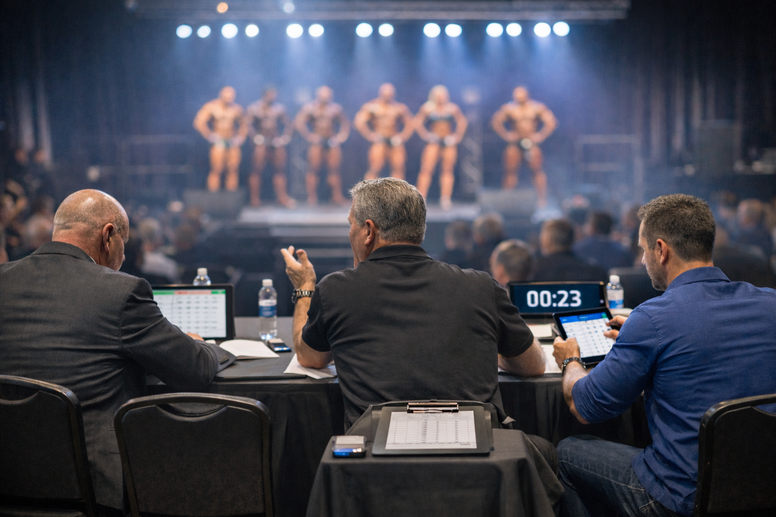 Judges at a bodybuilding competition judging stage at a bodybuilding competition.