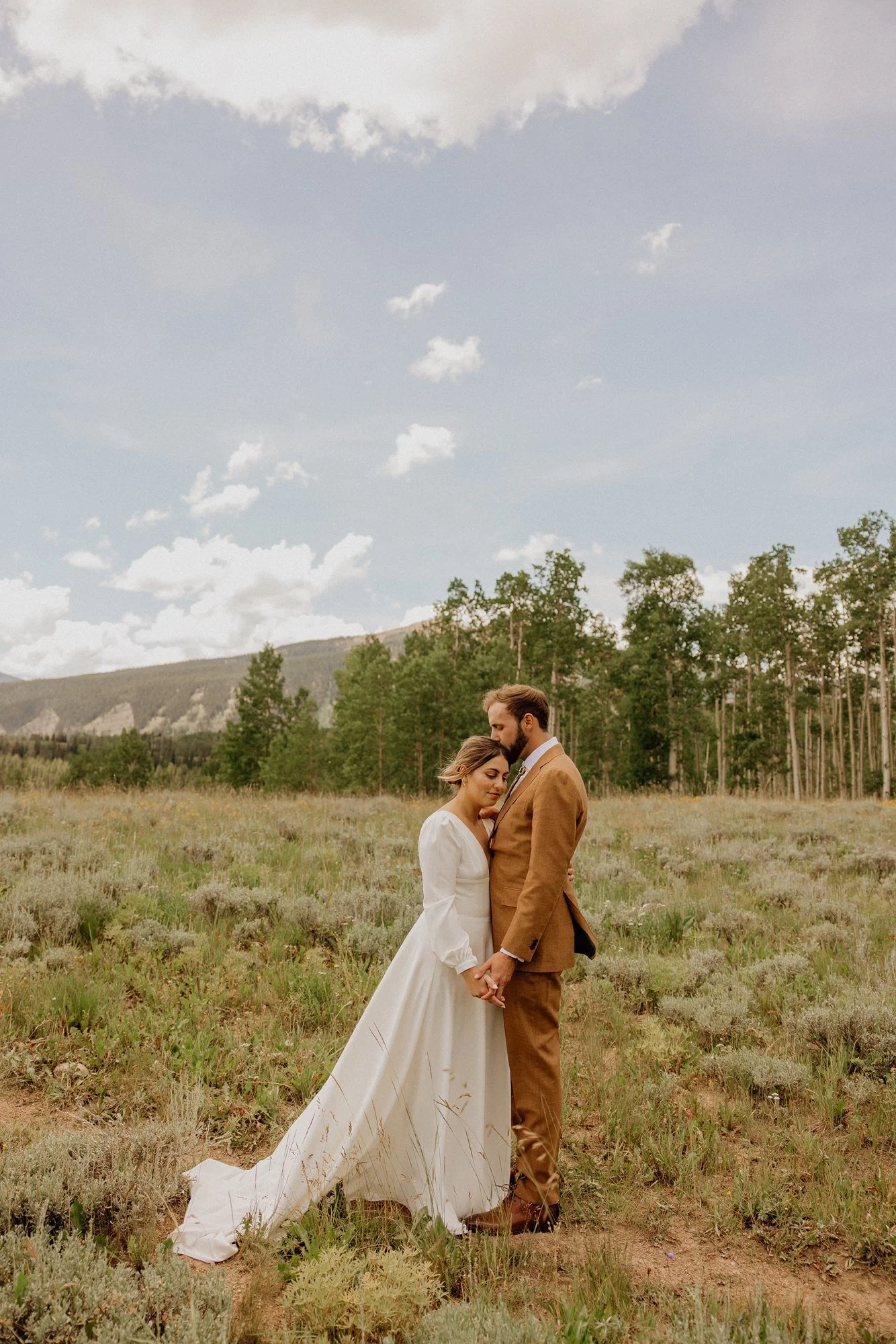 A bride and groom standing closely in a field, holding hands, with trees and mountains in the background under a blue sky with scattered clouds.