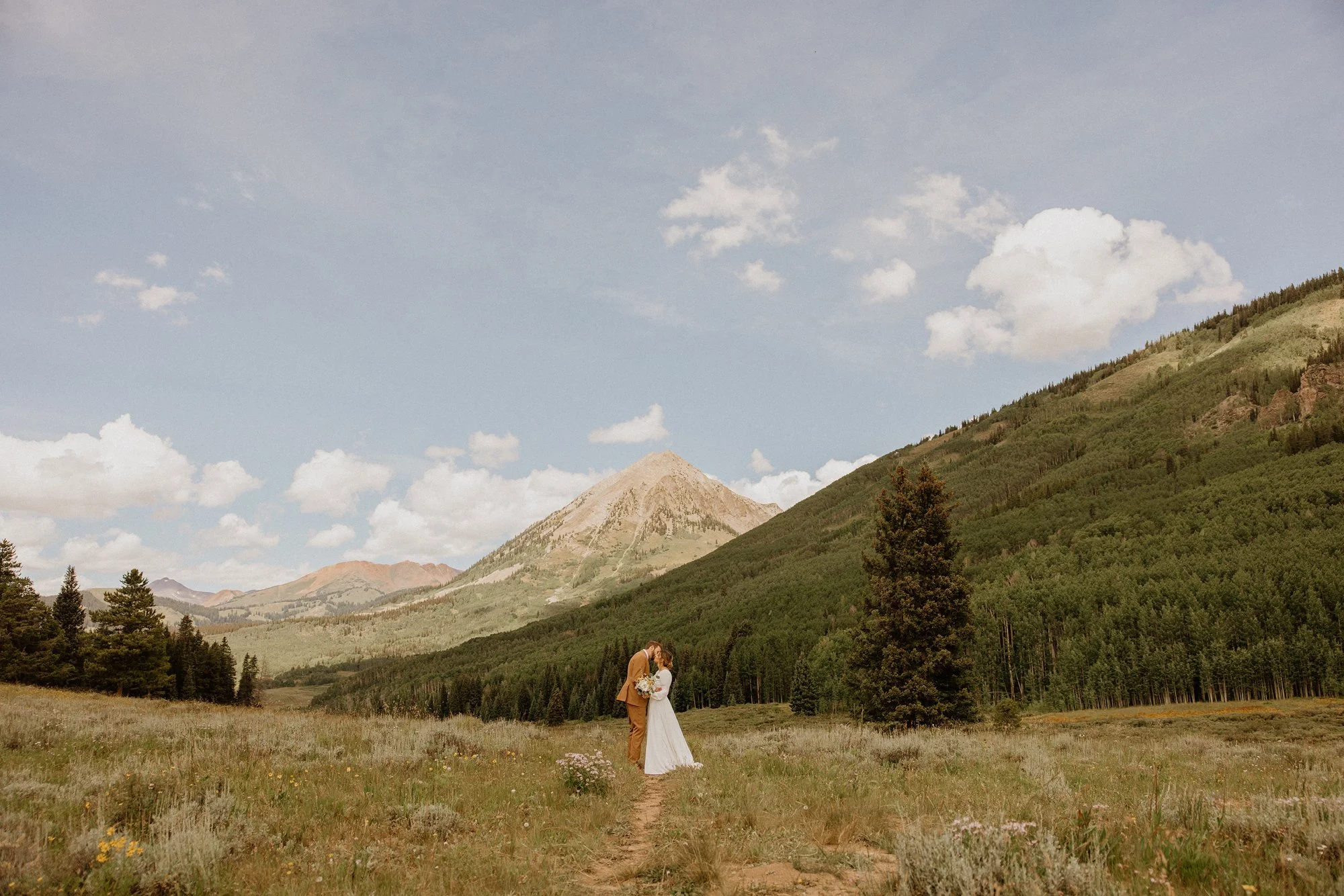 A couple dressed in wedding attire standing in a field with mountains and hills in the background, under a partly cloudy sky.