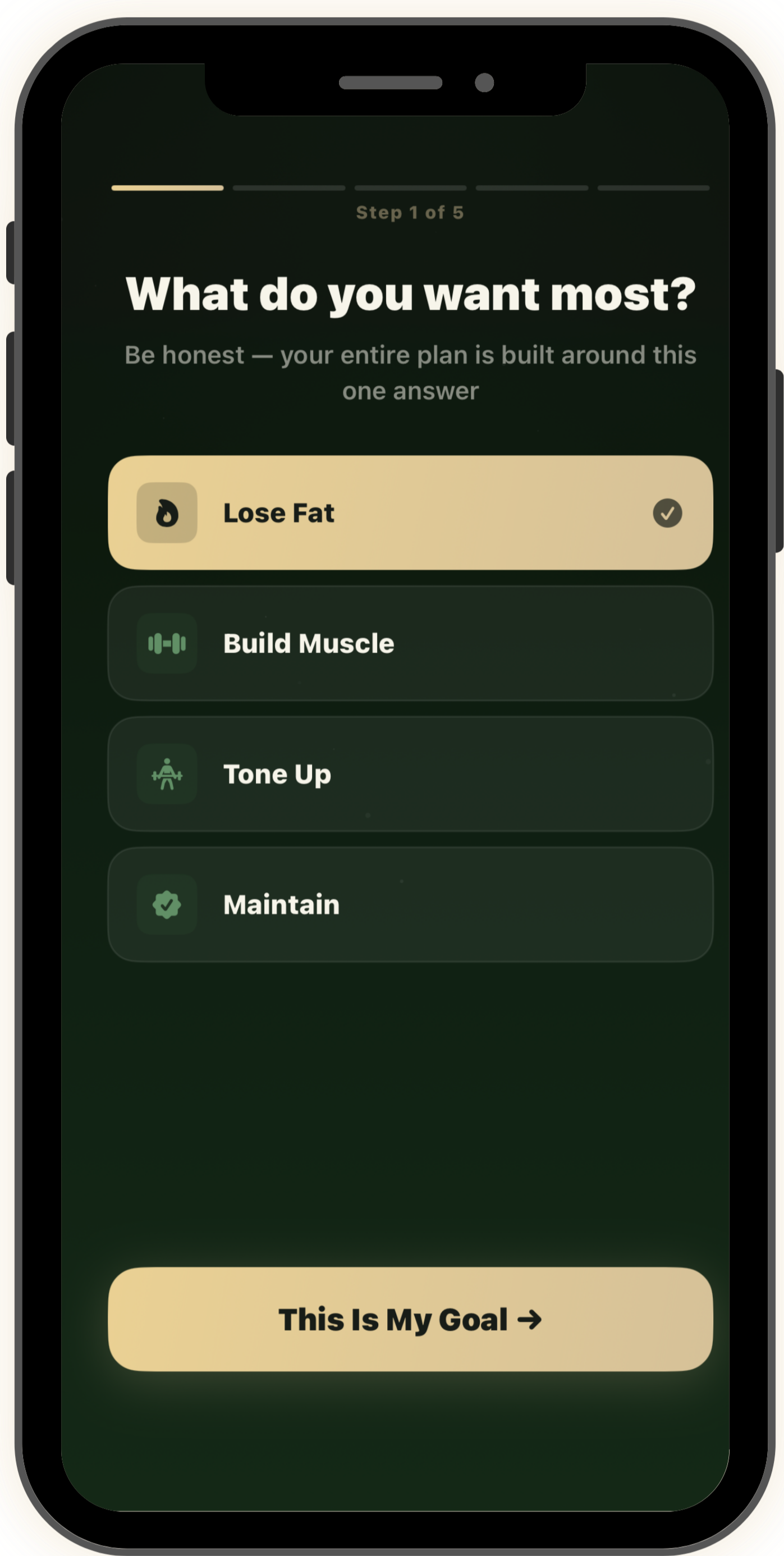 BODDI fitness app screen showing goal selection options such as lose fat, build muscle, tone up, and maintain weight.