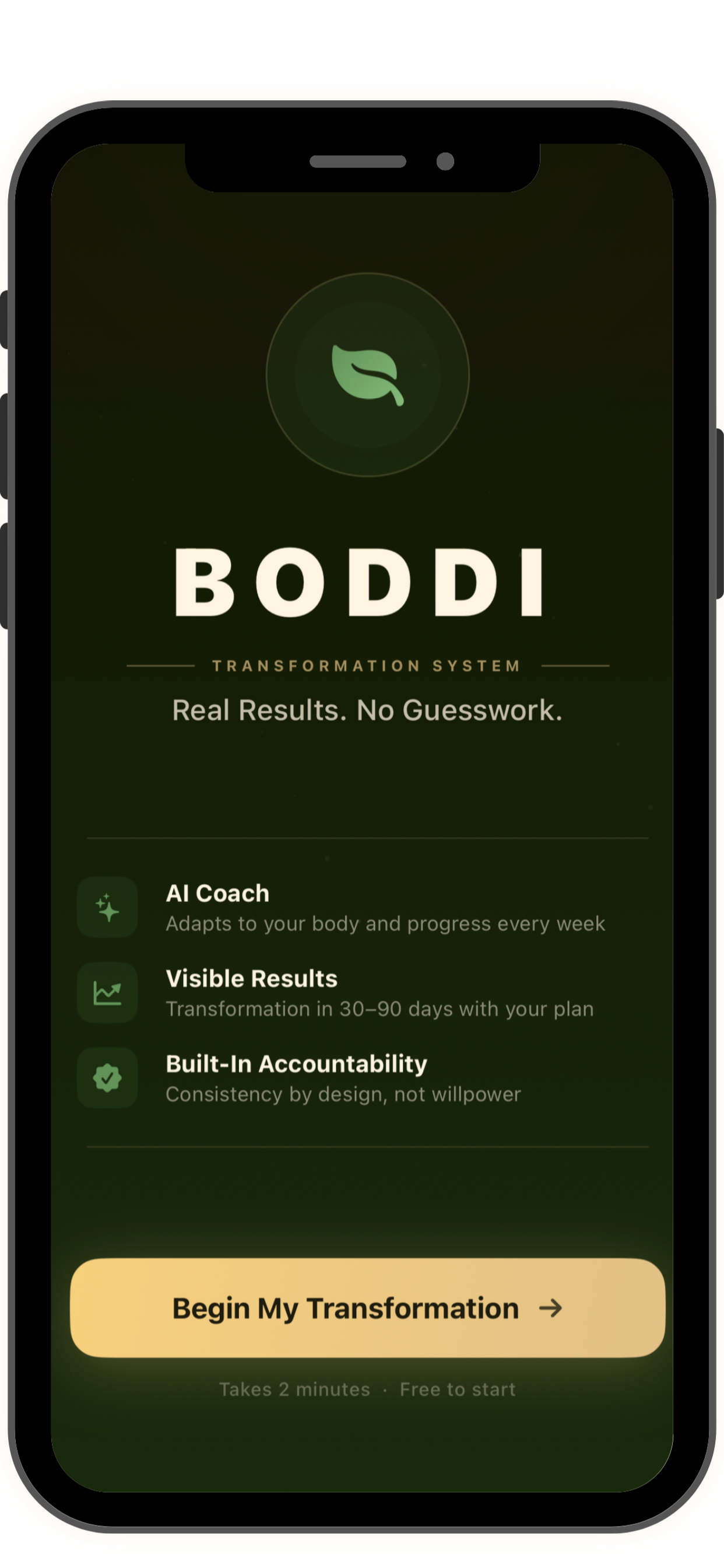 BODDI body transformation app screen featuring AI Coach, visible results, accountability tools, and start button.