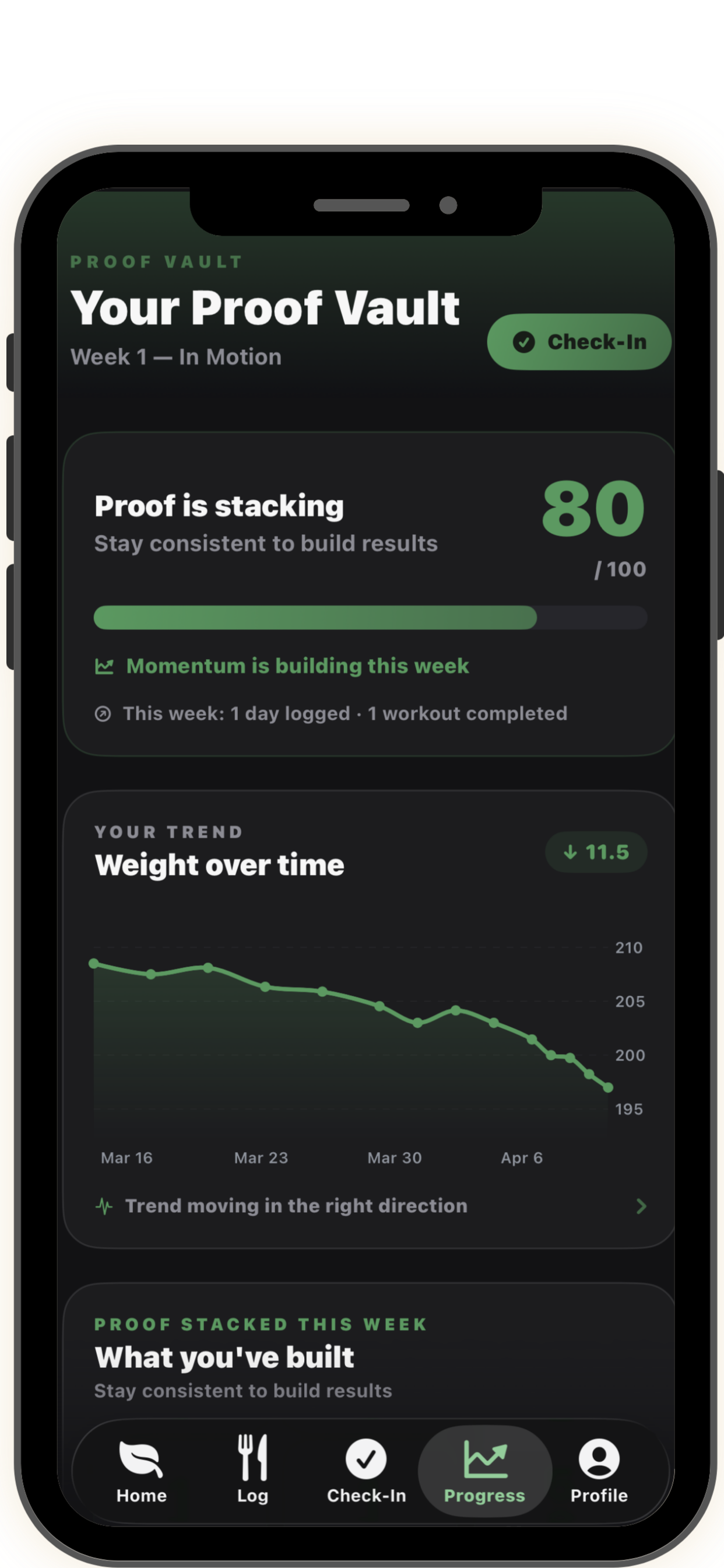 Body transformation app showing weight progress graph, weekly results, and fitness tracking data for visible transformation.