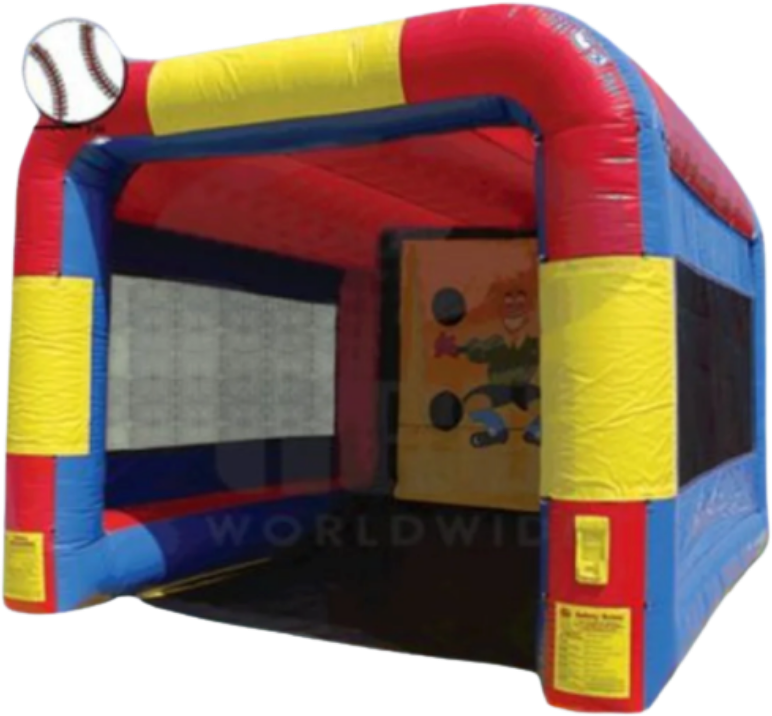 Colorful inflatable bounce house designed for children, with a baseball motif on the top corner.