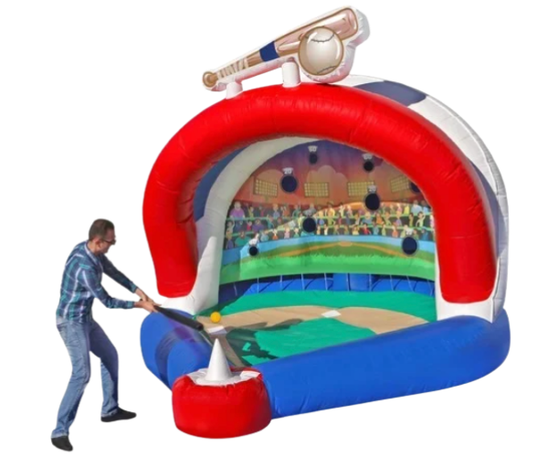A person playing inflatable golf at an outdoor event, with a large inflatable target and golf club.