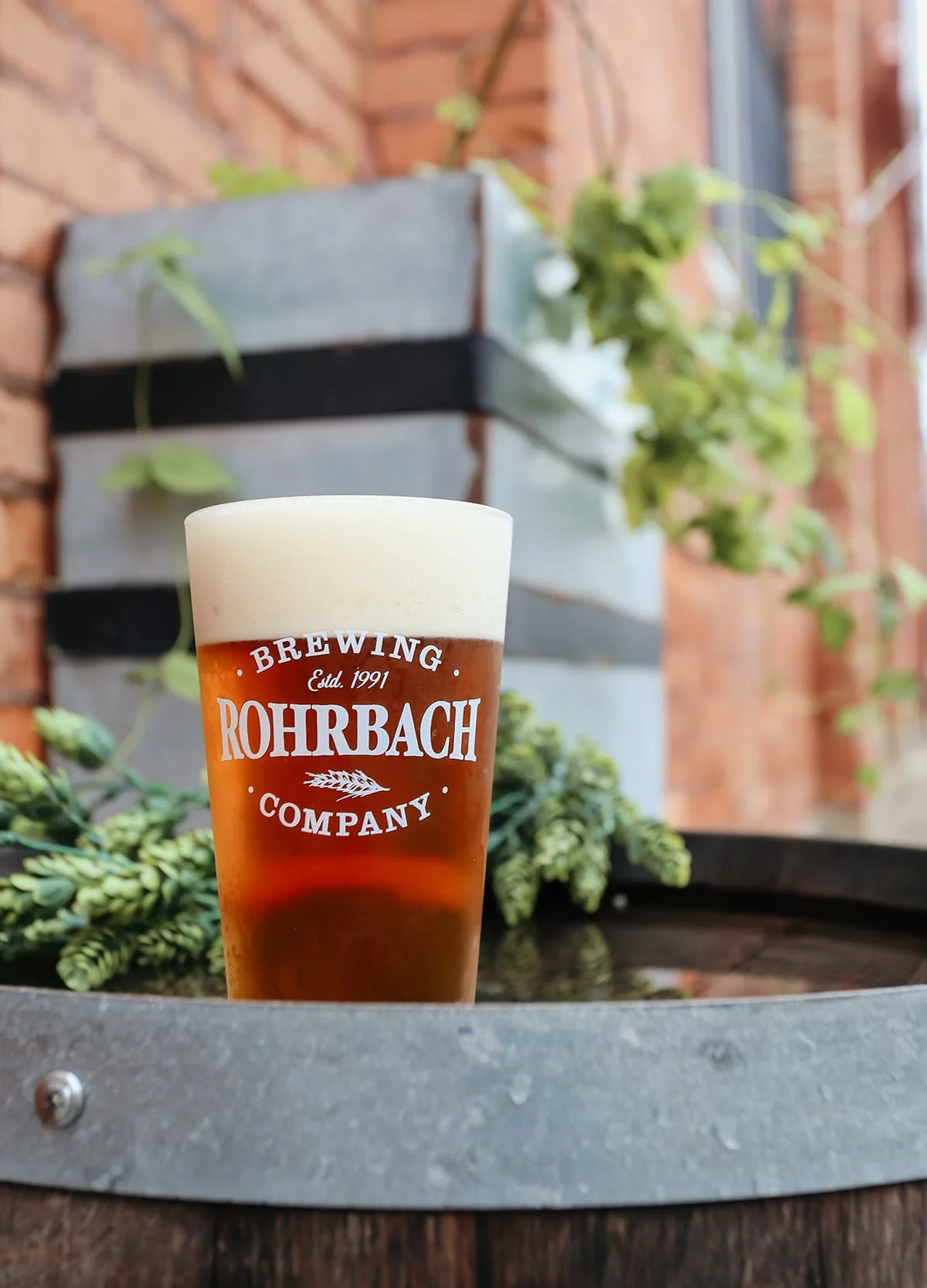 A pint glass of amber beer with a creamy head, labeled 'Rohrbach Brewing Company' and 'Est. 1991', on a metal tray with greenery and a brick wall background.