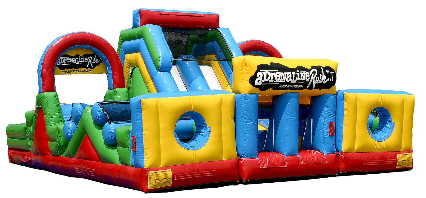 Colorful inflatable obstacle course with slides, tunnels, and climbing areas for kids.