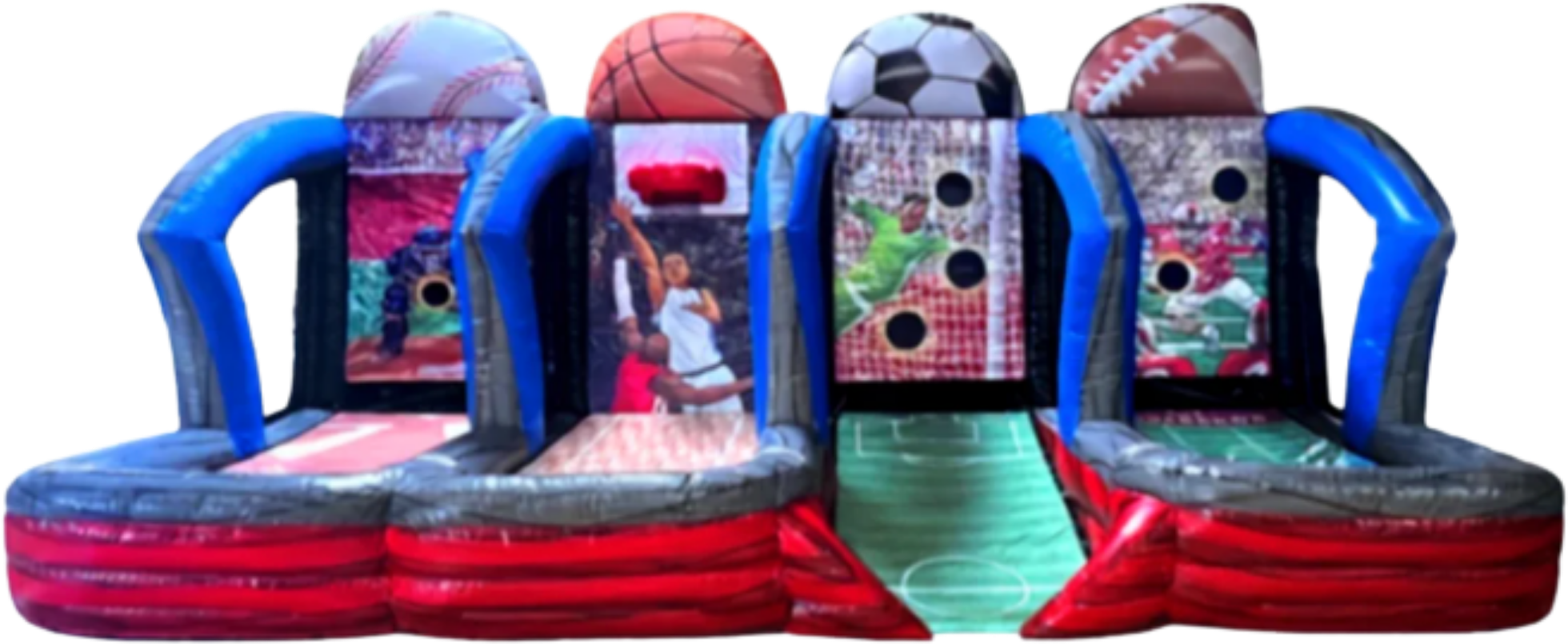 Colorful inflatable bounce house with multiple basketball hoops, designed for children to play basketball.