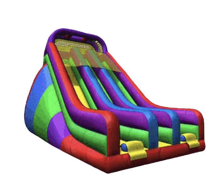 Colorful inflatable double water slide with multiple lanes and a climbing section at the top.