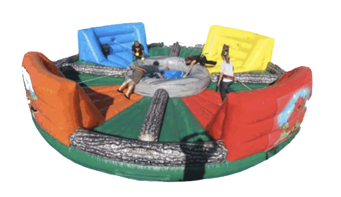 Children playing on a colorful inflatable amusement ride with a circular track and small vehicles.