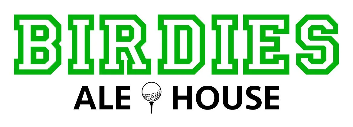 Logo for Birdies Ale House featuring the word 'Birdies' in large green block letters with a golf ball integrated into the letter 'I', and the words 'Ale House' below in black with a golf ball icon replacing the letter 'I'.