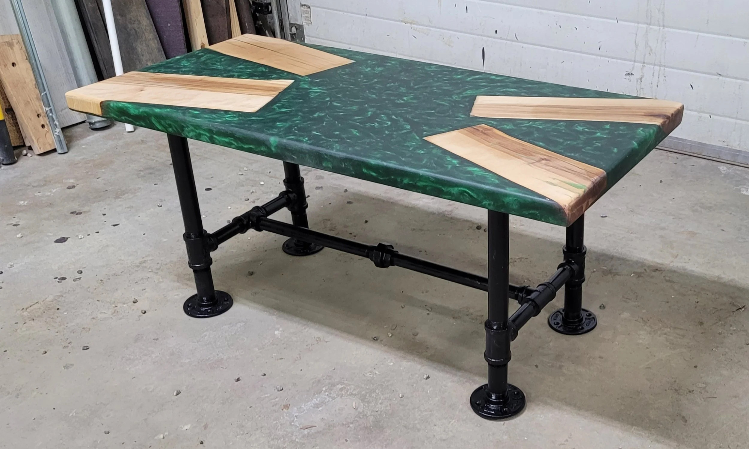22" X 44" Coffee table 
Alaska Birch and Highlands Green
Black Pipe Legs