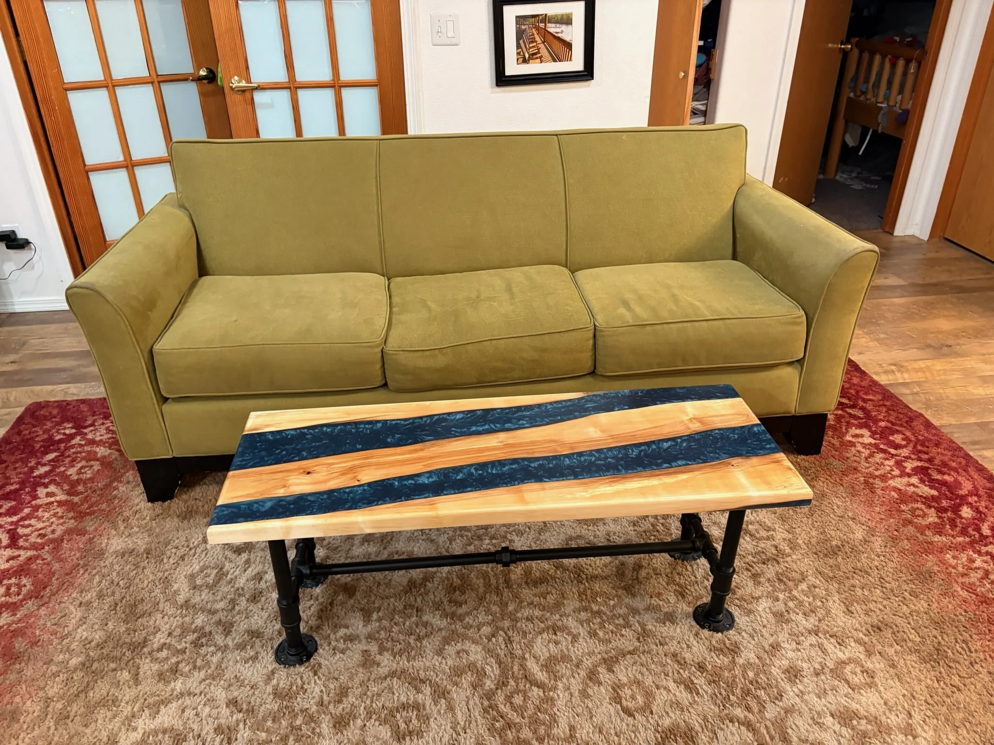22" X 44" Coffee table 
Alaska Birch and Maui Blue with Grey
Black Pipe Legs