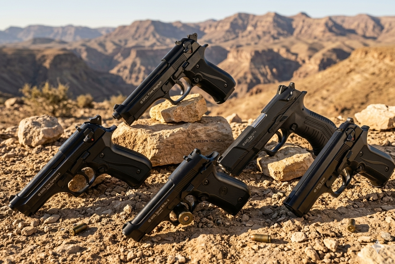 Four black semi-automatic pistols resting on rocky desert terrain with scattered bullets and a background of rugged mountainous landscape.