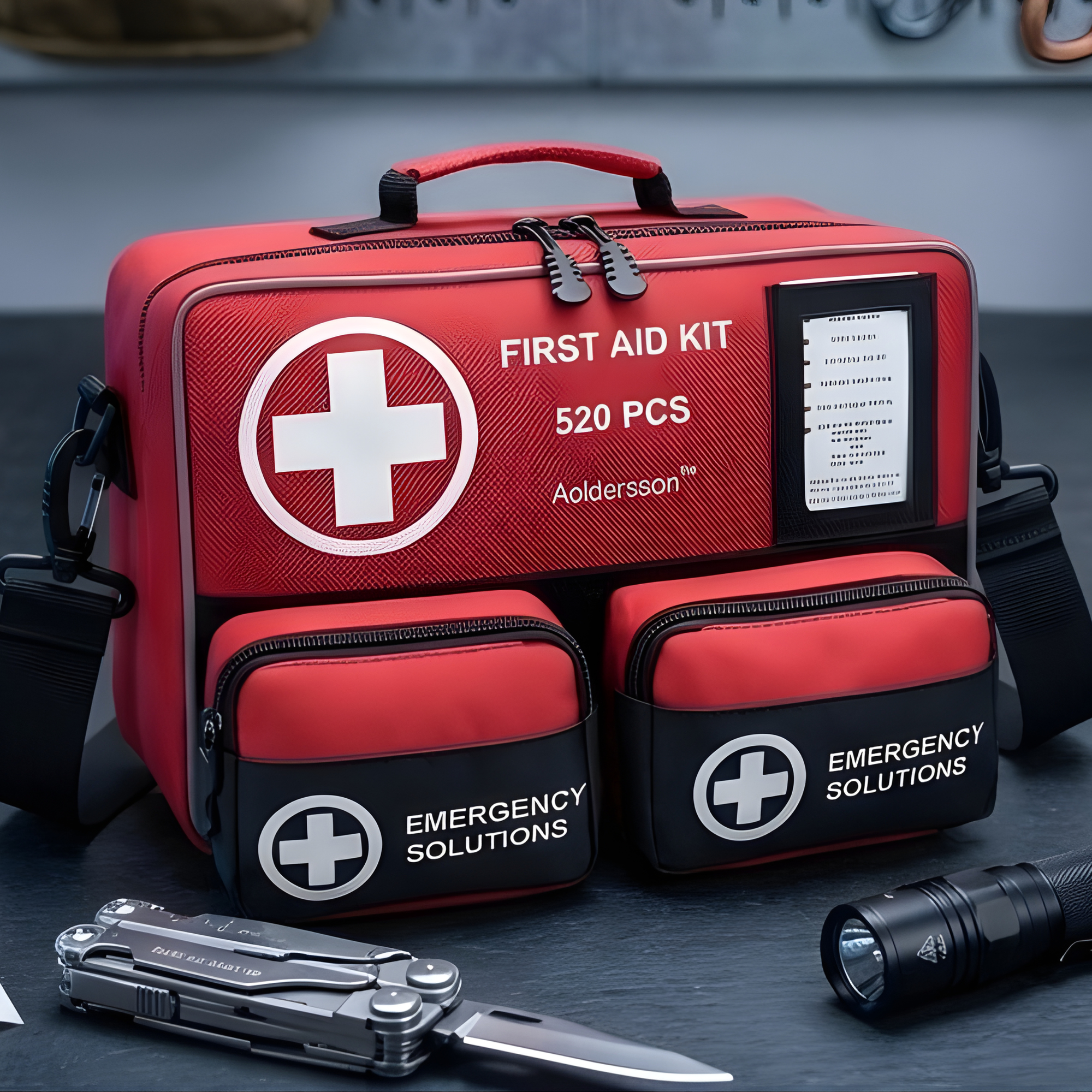 A red first aid kit labeled '520 PCS' and 'Aldersson' with a white cross symbol, placed on a dark surface. Surrounding it are a multi-tool with pliers, a black flashlight, and a small black container, all organized for emergency preparedness.