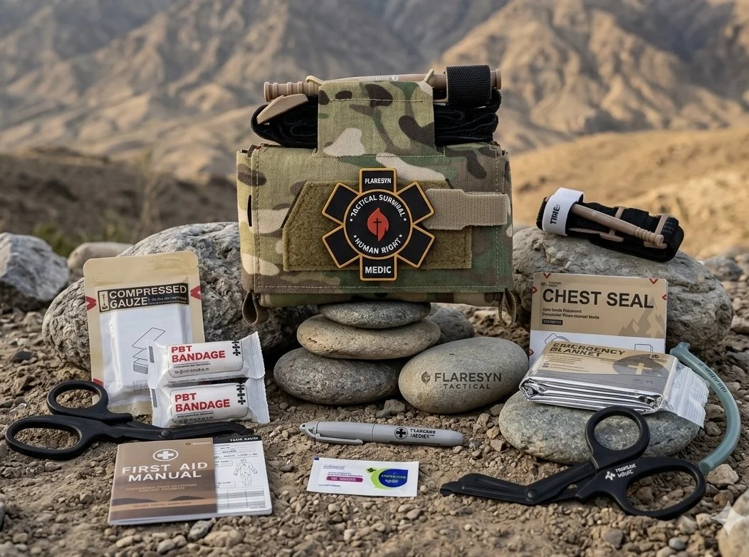 A collection of tactical and first aid supplies arranged on rocks with mountains in the background. Items include a camouflage tactical pouch, medical patches, a chest seal, compressed gauze, PBT bandages, scissors, a pen, a tourniquet, a pocket-sized first aid manual, and a pair of trauma shears.