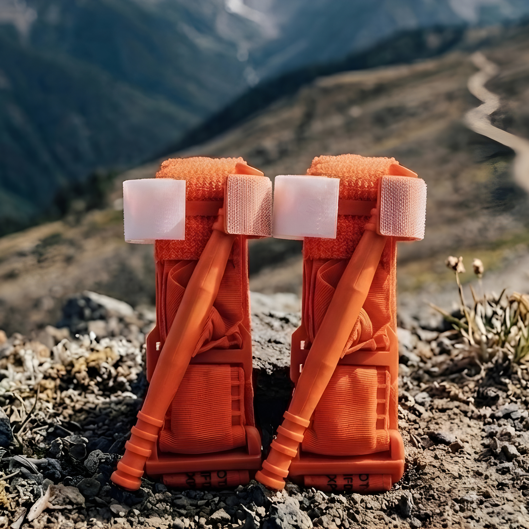 Stack of orange construction safety barriers with foam ends on a rocky outdoor ground, with mountains and a winding road in the background.