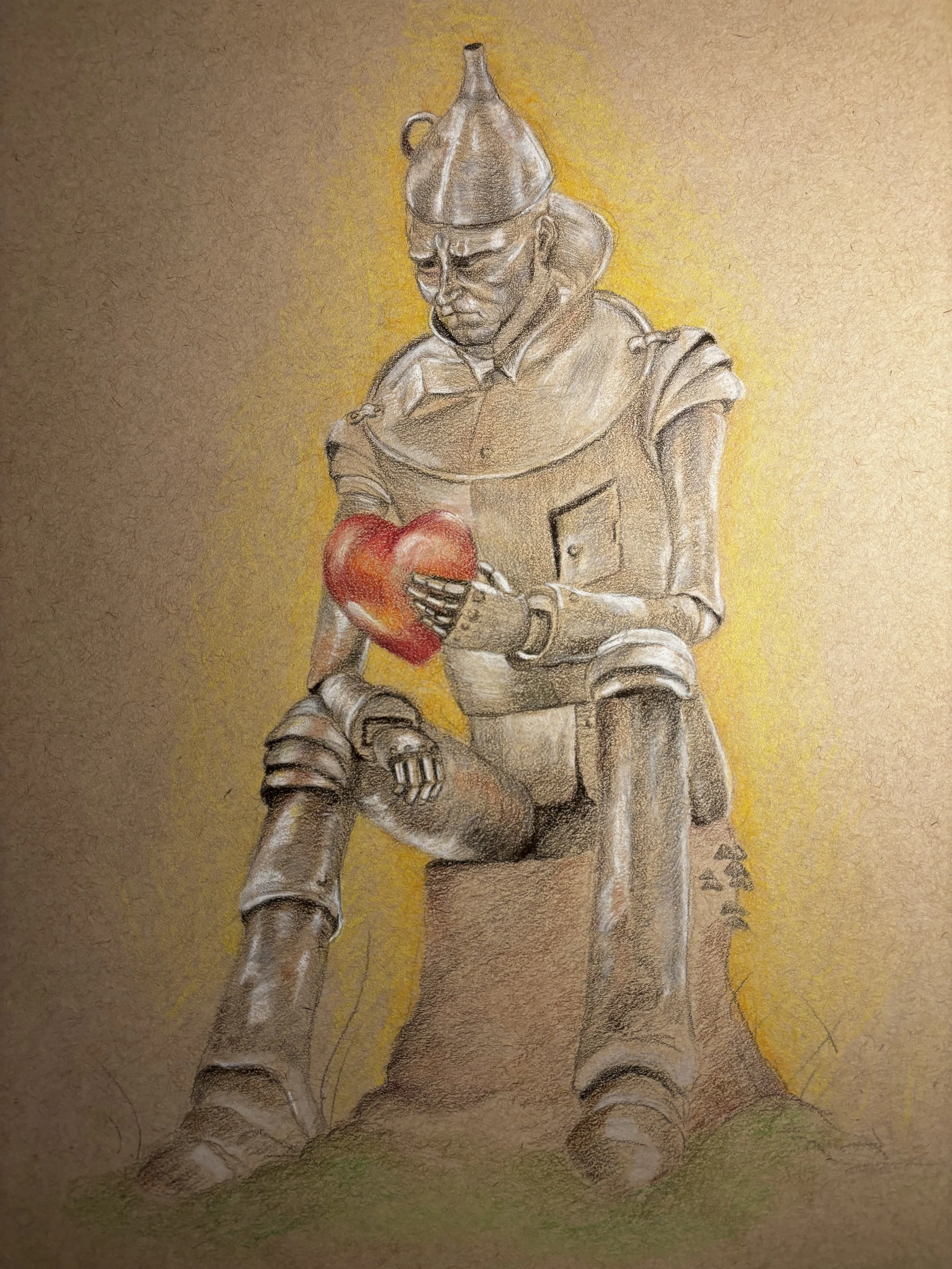 A drawing of a knight with a metallic armor, holding a red heart. The background is yellow and brown, with some green at the bottom.