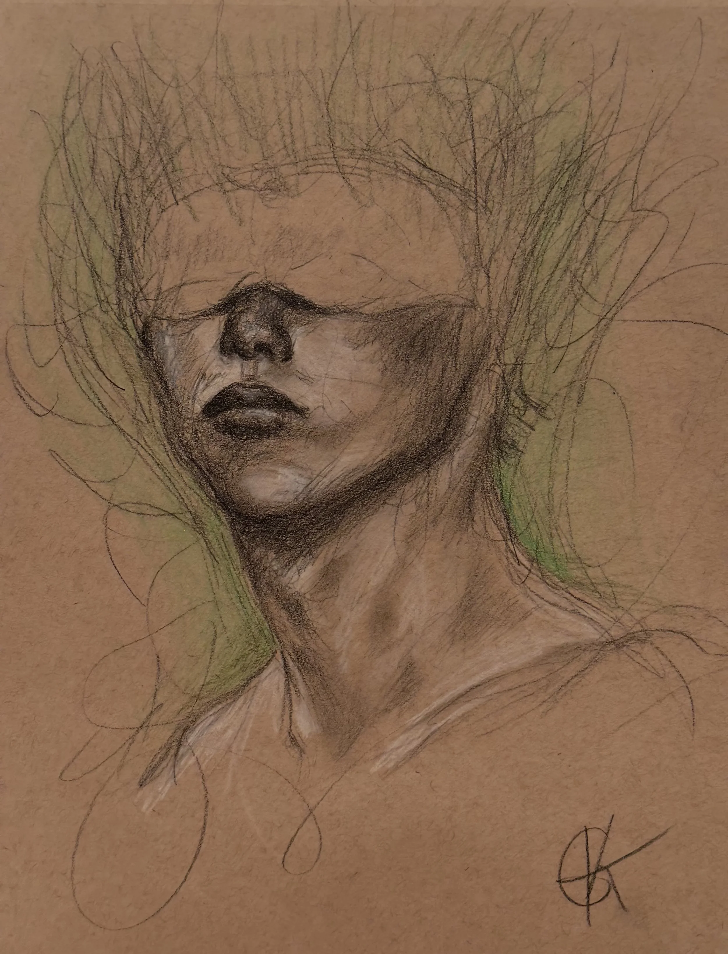 A sketch of a woman's face with exaggerated features including large eyes, prominent nose, and full lips, with wild hair drawn with swirling lines on textured paper.