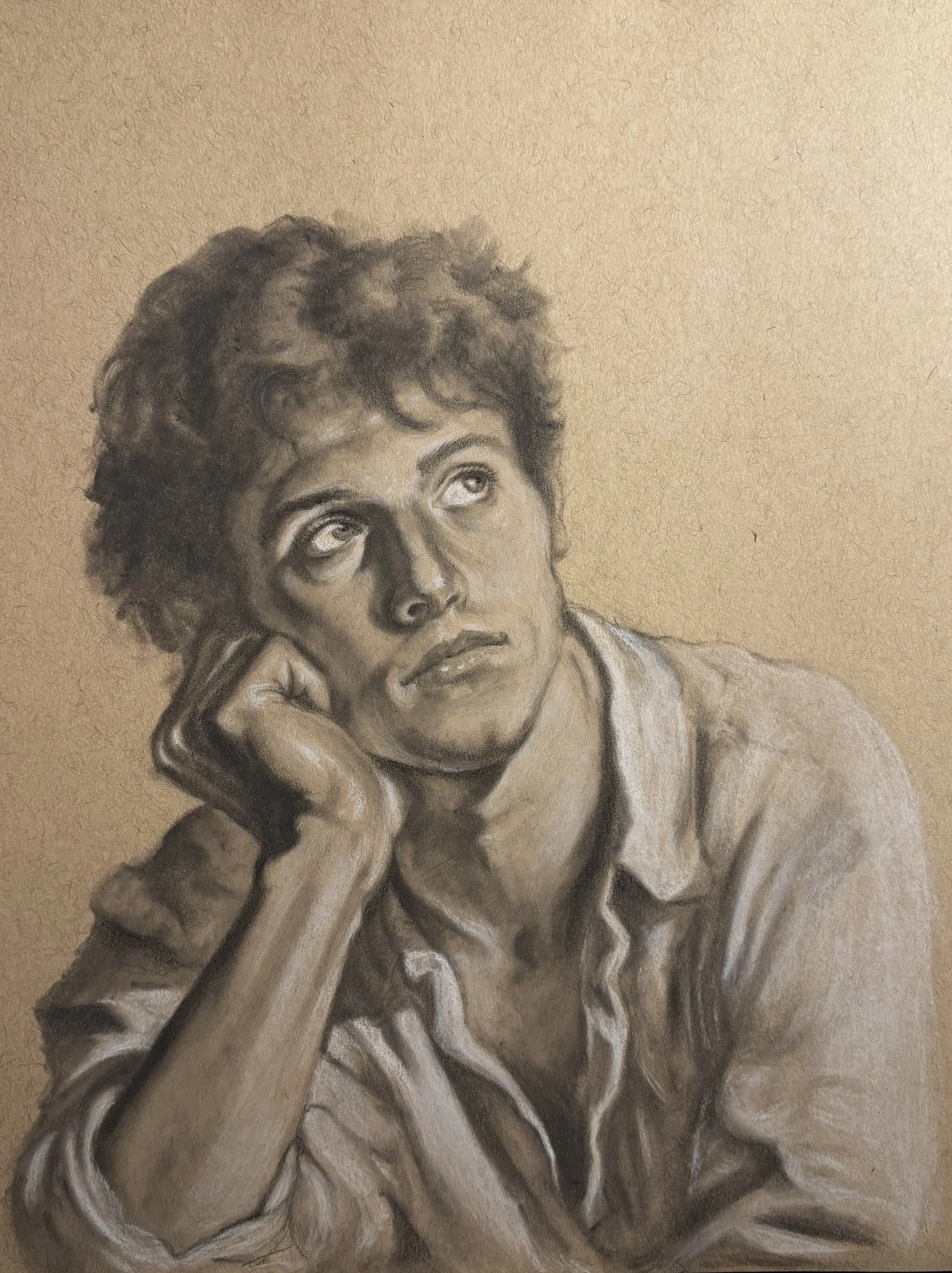 A painted portrait of a young woman with curly hair, resting her chin on her hand, looking thoughtfully upward, with a beige background.