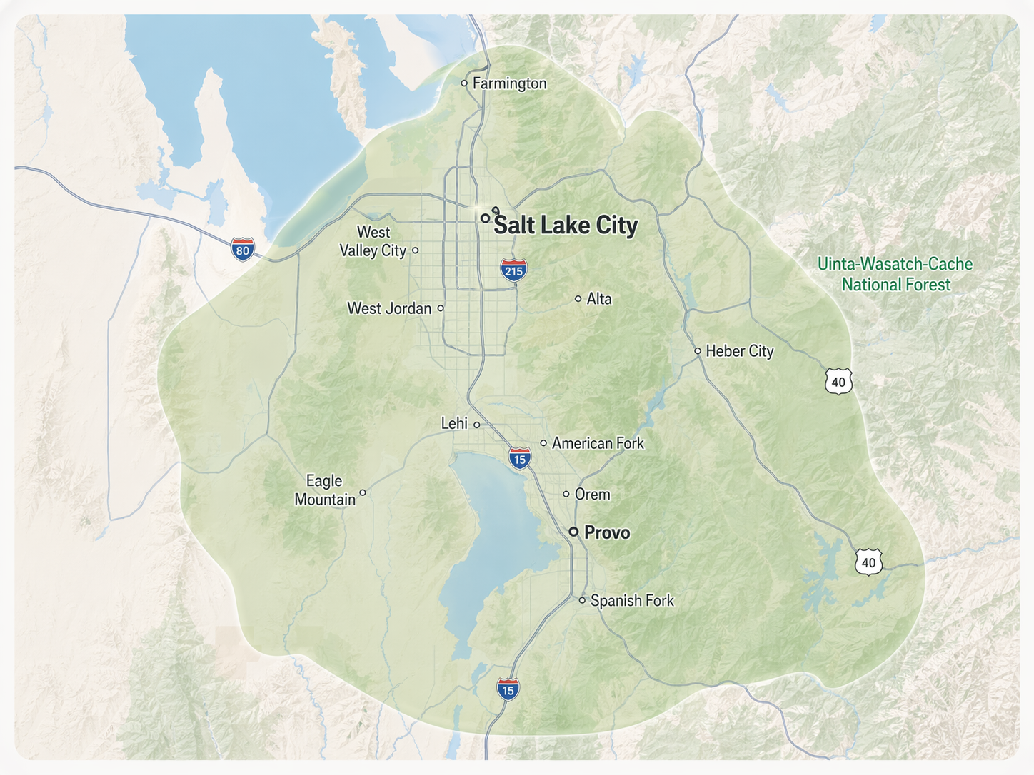 Pest control service area map covering Salt Lake City, Heber, Park City, and surrounding Utah communities