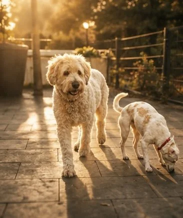Zwei Hunde auf einer Terrasse bei Sonnenuntergang, einer schaut direkt in die Kamera, der andere schnuppert am Boden.