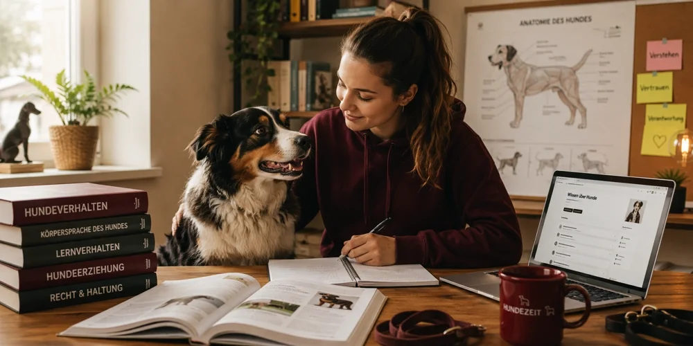 Hundehalterin lernt gemeinsam mit ihrem Hund für den Online-Sachkundenachweis NRW und vertieft ihr Wissen über Hundeverhalten.
