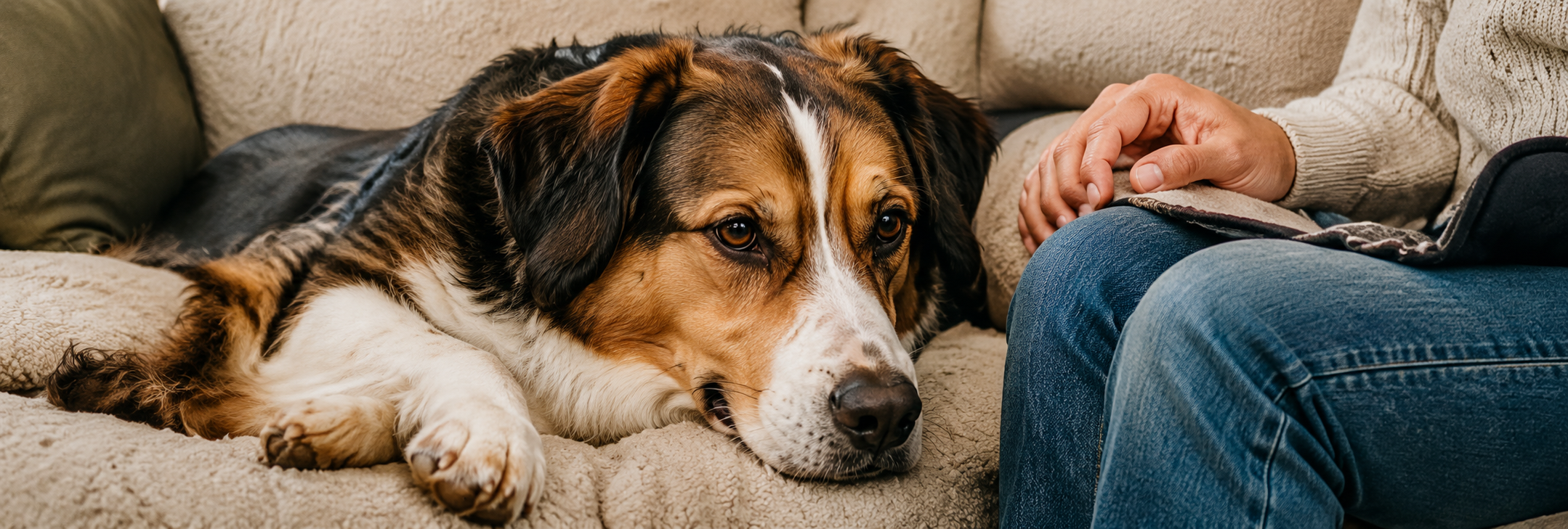 Ein Hund liegt auf einem gemütlichen Sofa neben einer Person, die die Hand des Hundes hält.
