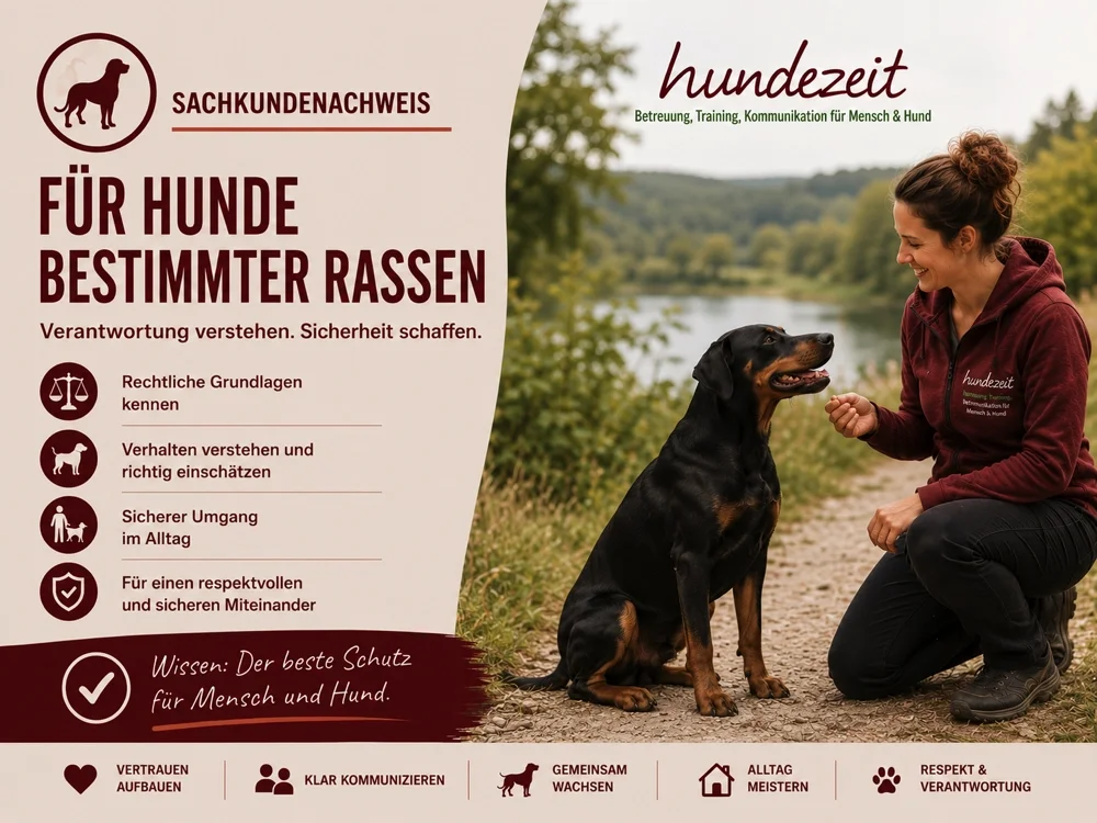 Hundehalterin mit Rottweiler beim Sachkundenachweis für Hunde bestimmter Rassen in Nordrhein-Westfalen.