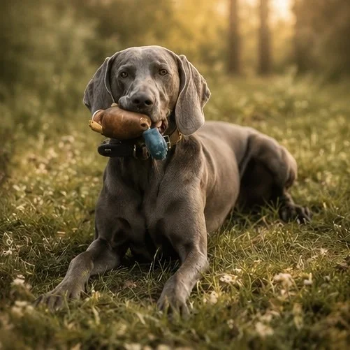 Ein Grauer Hund liegt auf einer Wiese im Freien und hält einen Spielzeugknochen im Maul.