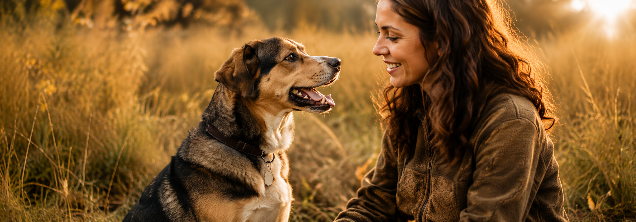 Eine Frau und ein Hund sitzen sich in einer Wiese bei Sonnenuntergang gegenüber, lächelnd und Blickkontakt. Die Frau hat lockige braune Haare, trägt eine braune Jacke, der Hund ist ein Mischling mit braun-schwarzem Fell.