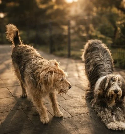 Zwei langhaarige Hunde auf einer Terrasse bei Sonnenuntergang.