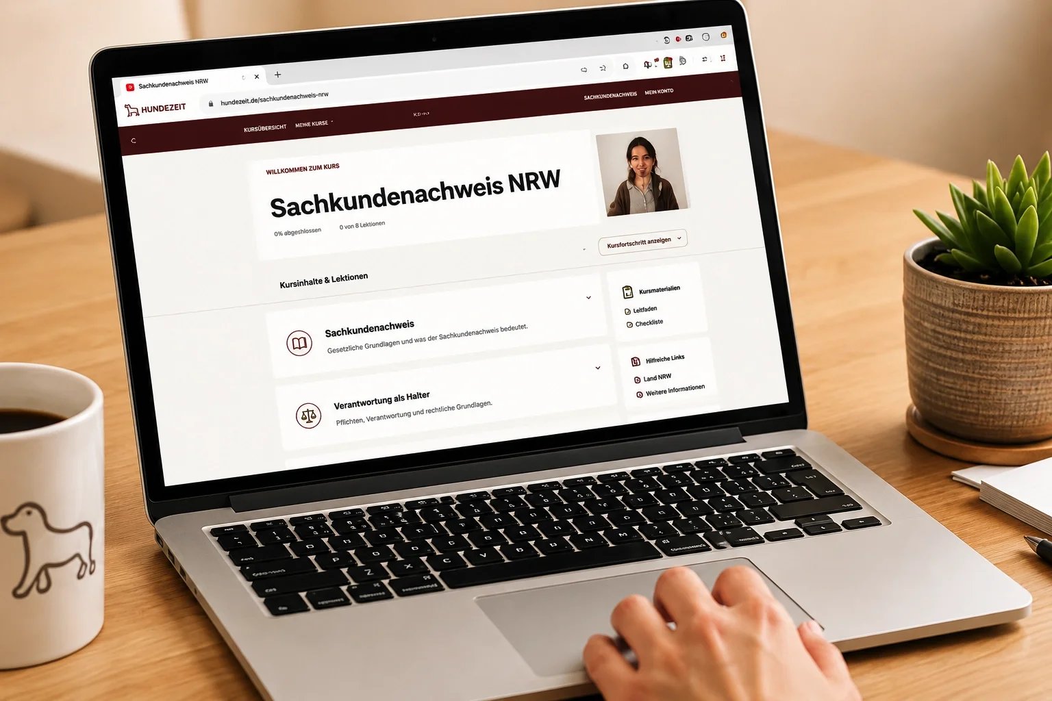 Laptop mit dem Online-Kurs zum Sachkundenachweis NRW von HUNDEZEIT zur Vorbereitung auf die Sachkundeprüfung.
