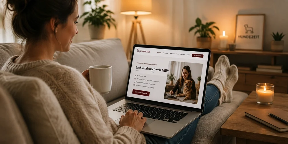 Teilnehmerin absolviert den Online-Sachkundenachweis NRW bequem und entspannt von zu Hause.