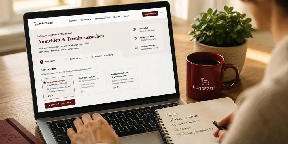 Teilnehmerin absolviert den Online-Sachkundenachweis NRW bequem und entspannt von zu Hause.