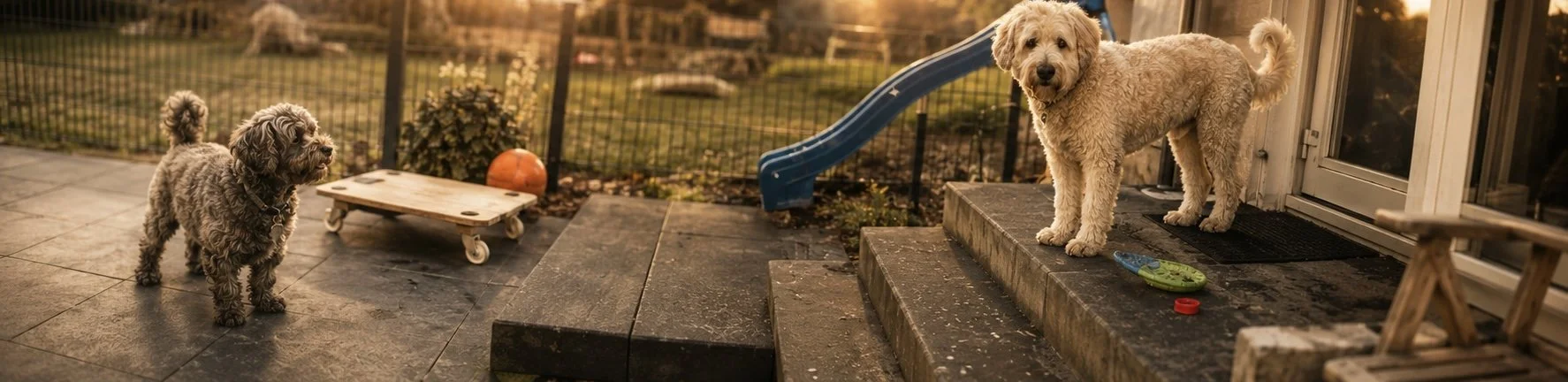 Zwei Hunde auf einer Terrasse, einer auf den Stufen vor der Tür, der andere auf dem Boden, bei Sonnenuntergang, mit Spielzeug und Gartengeräten im Hintergrund.