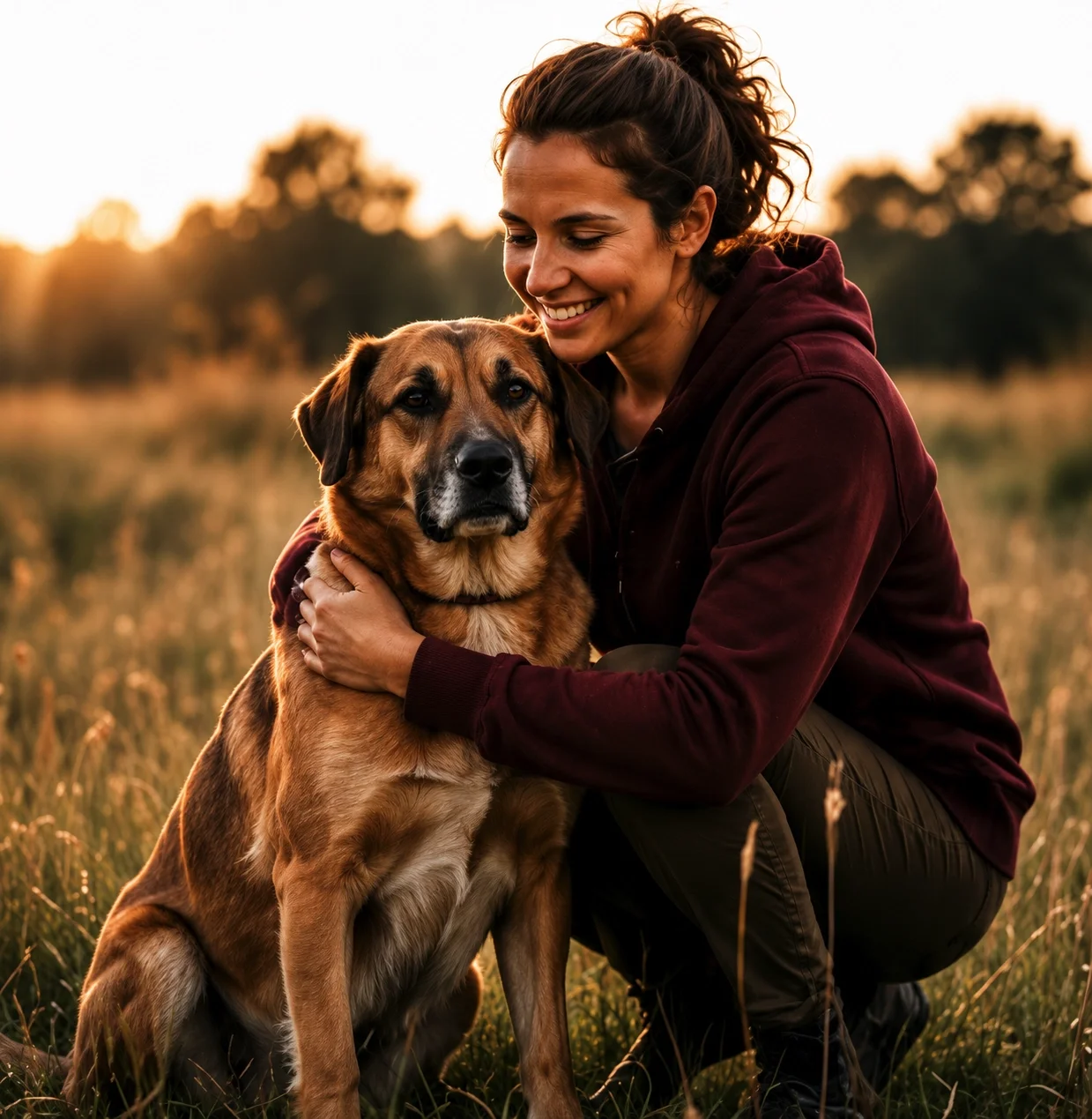 HUNDEZEIT begleitet Mensch-Hund-Teams mit Herz, Fachwissen und individueller Betreuung. Das Bild unterstreicht die emotionale Bindung und den respektvollen Umgang miteinander.