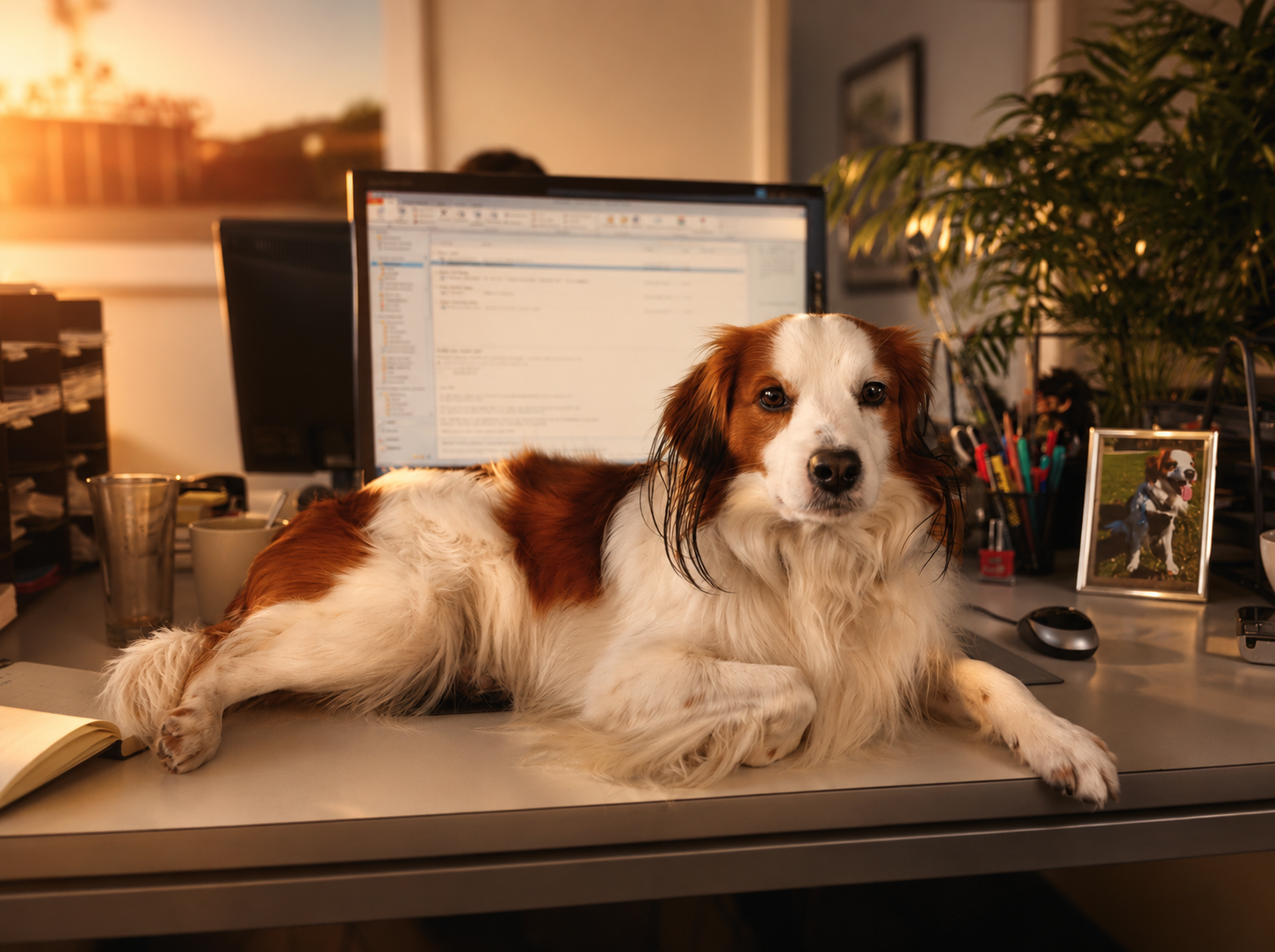 Ein Kooikerhondje als Bürohund auf einem Arbeitstisch mit Laptop