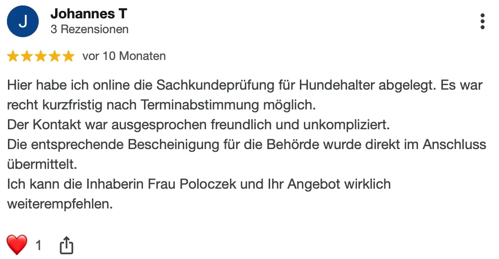 Positive Kundenbewertung zum Online-Sachkundenachweis NRW bei HUNDEZEIT. Kunden loben die unkomplizierte Terminvereinbarung, den freundlichen Kontakt und die schnelle Ausstellung der Bescheinigung.