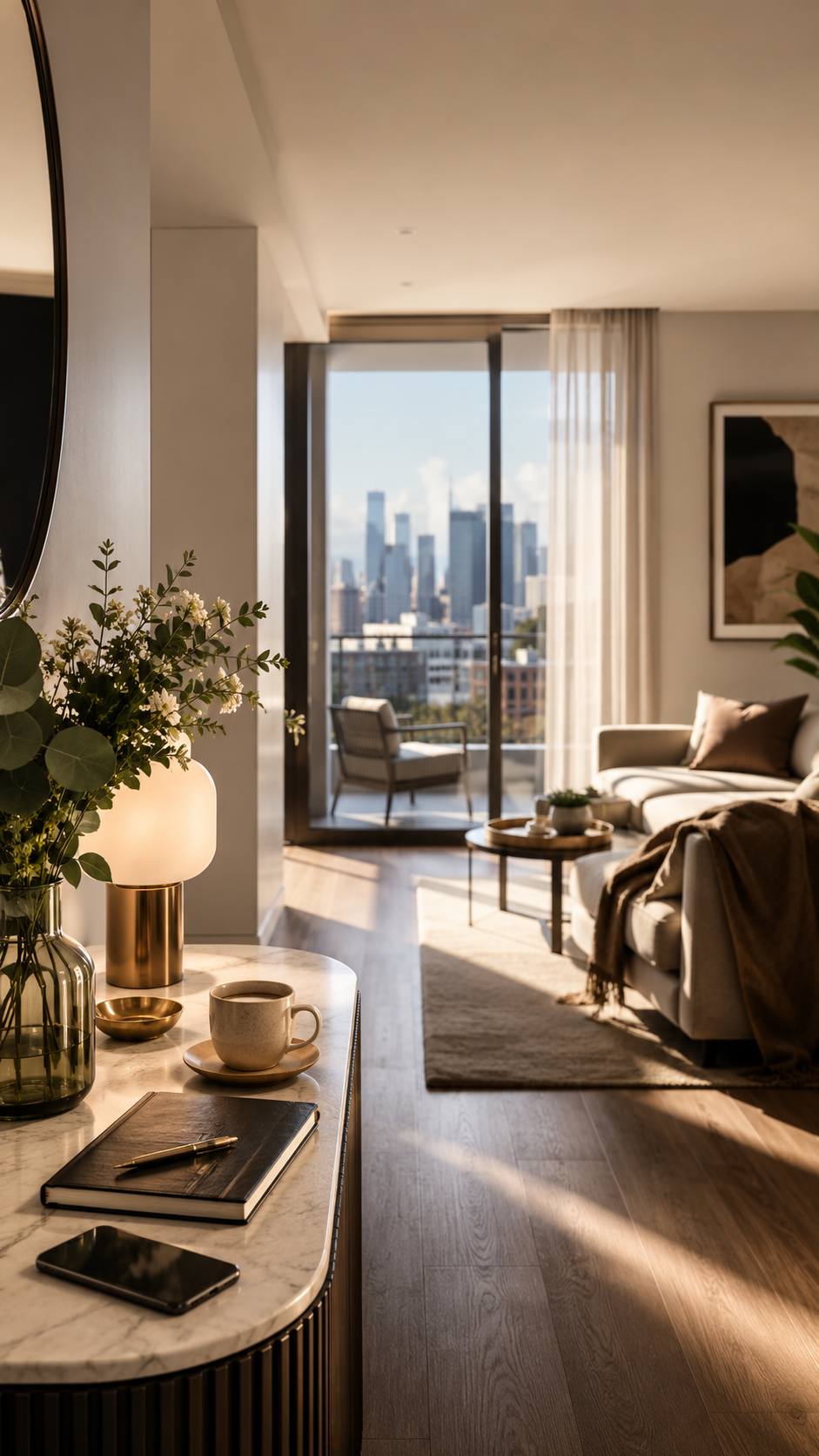 Bright living room with beige sofa, coffee table, and large window/door opening to balcony with city skyline view.