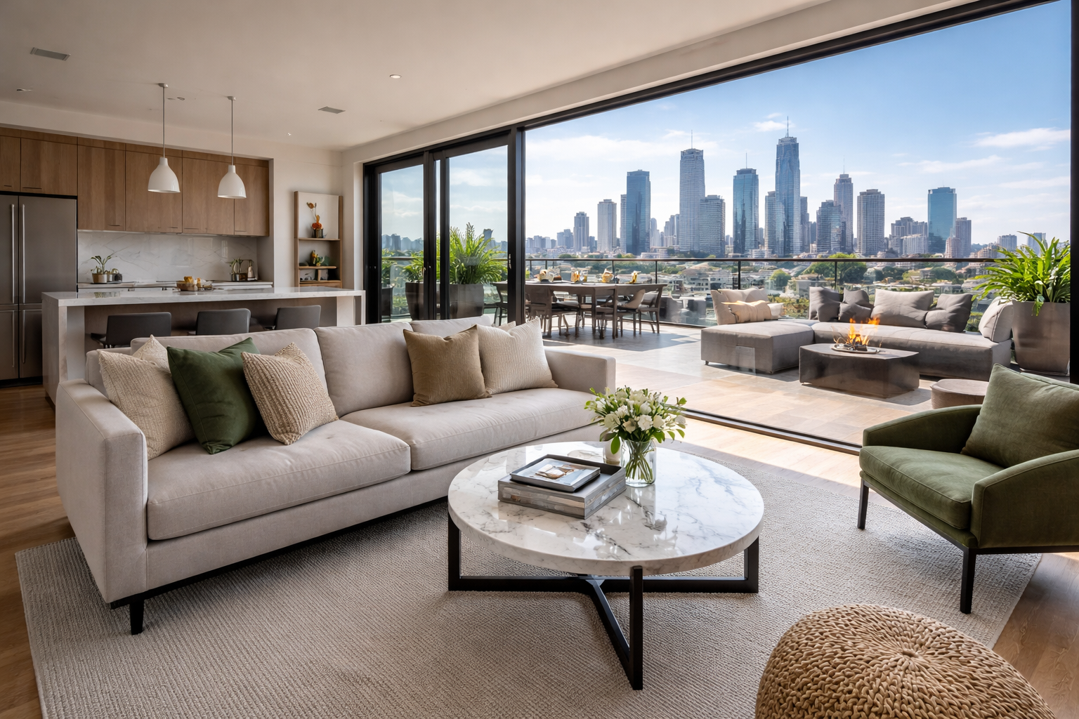Modern living room with beige sofa, green armchair, marble coffee table, and large glass sliding doors opening to city skyline with tall buildings. Patio with outdoor seating and fire pit visible outside.