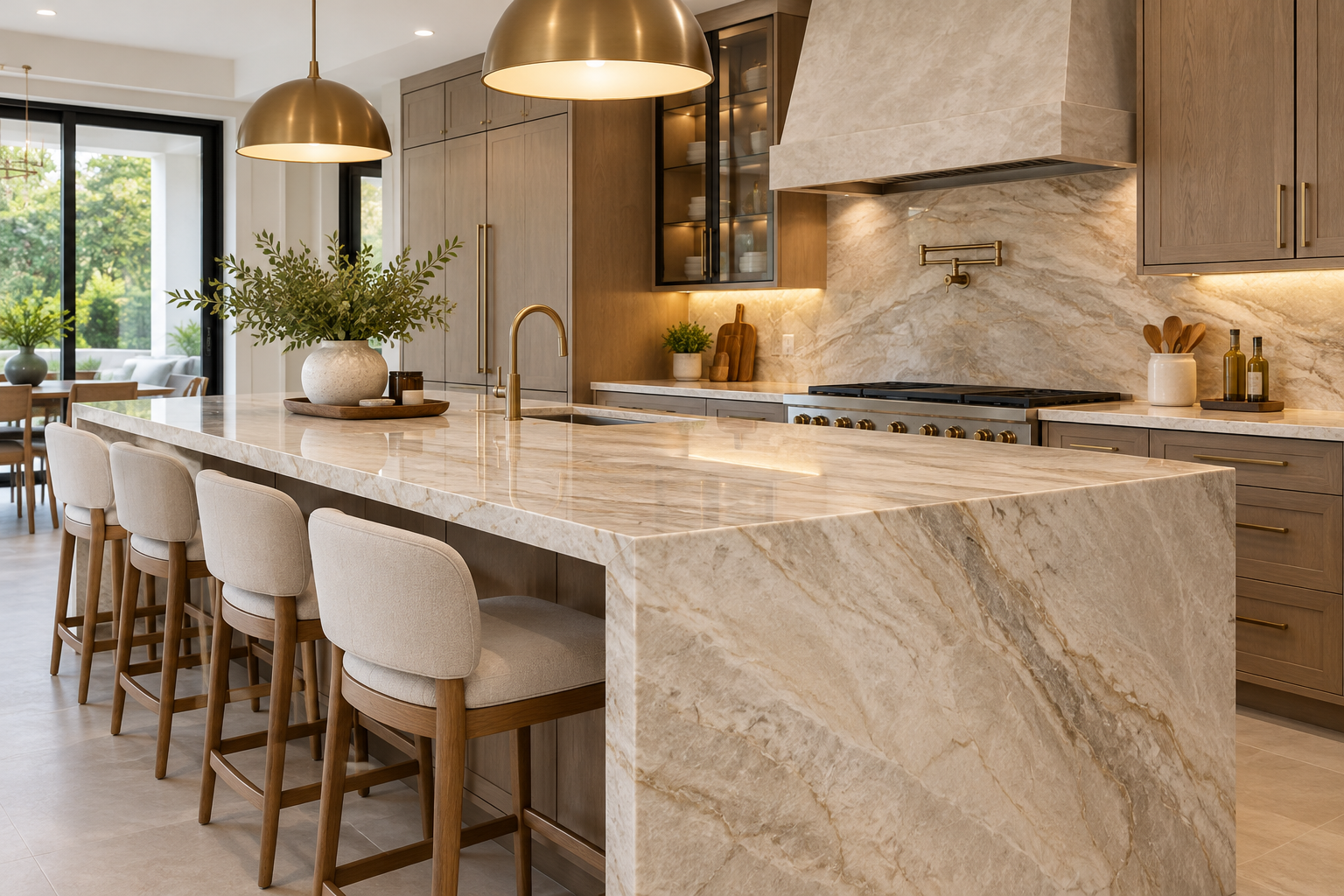 Luxury kitchen featuring a beige quartzite-style waterfall island and warm wood cabinetry.